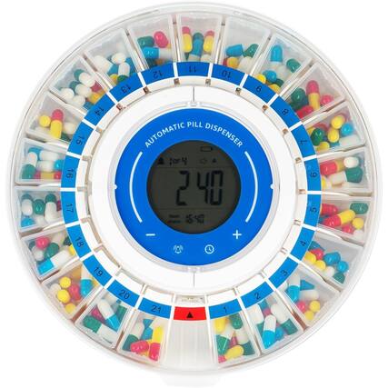 E 15 16 17 18 14 11 12 10 13 6 PILL AUTOMATIC DISPENSER A 24 Next IC-un Alar 0-10 I + 8 7 6 5 4 5 5 19 20 21 MAAE 1 2 3 7 , L