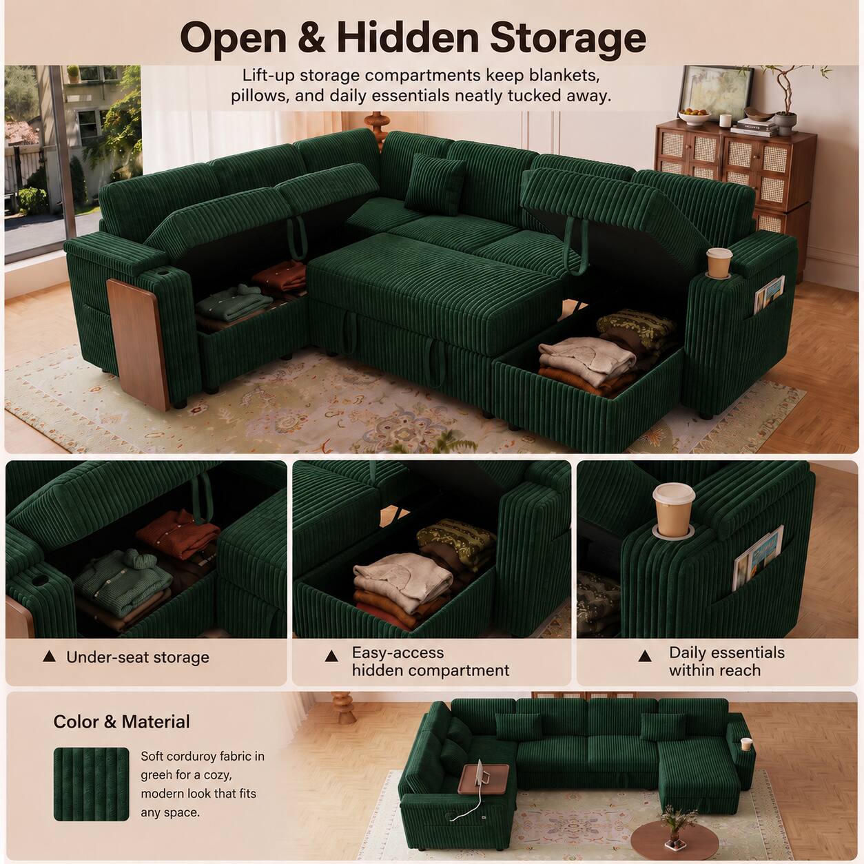 Open & Hidden Storage

Lift-up storage compartments keep blankets, pillows, and daily essentials neatly tucked away.

Under-seat storage
Easy-access hidden compartment
Daily essentials within reach

Color & Material
Soft corduroy fabric in green for a cozy, modern look that fits any space.