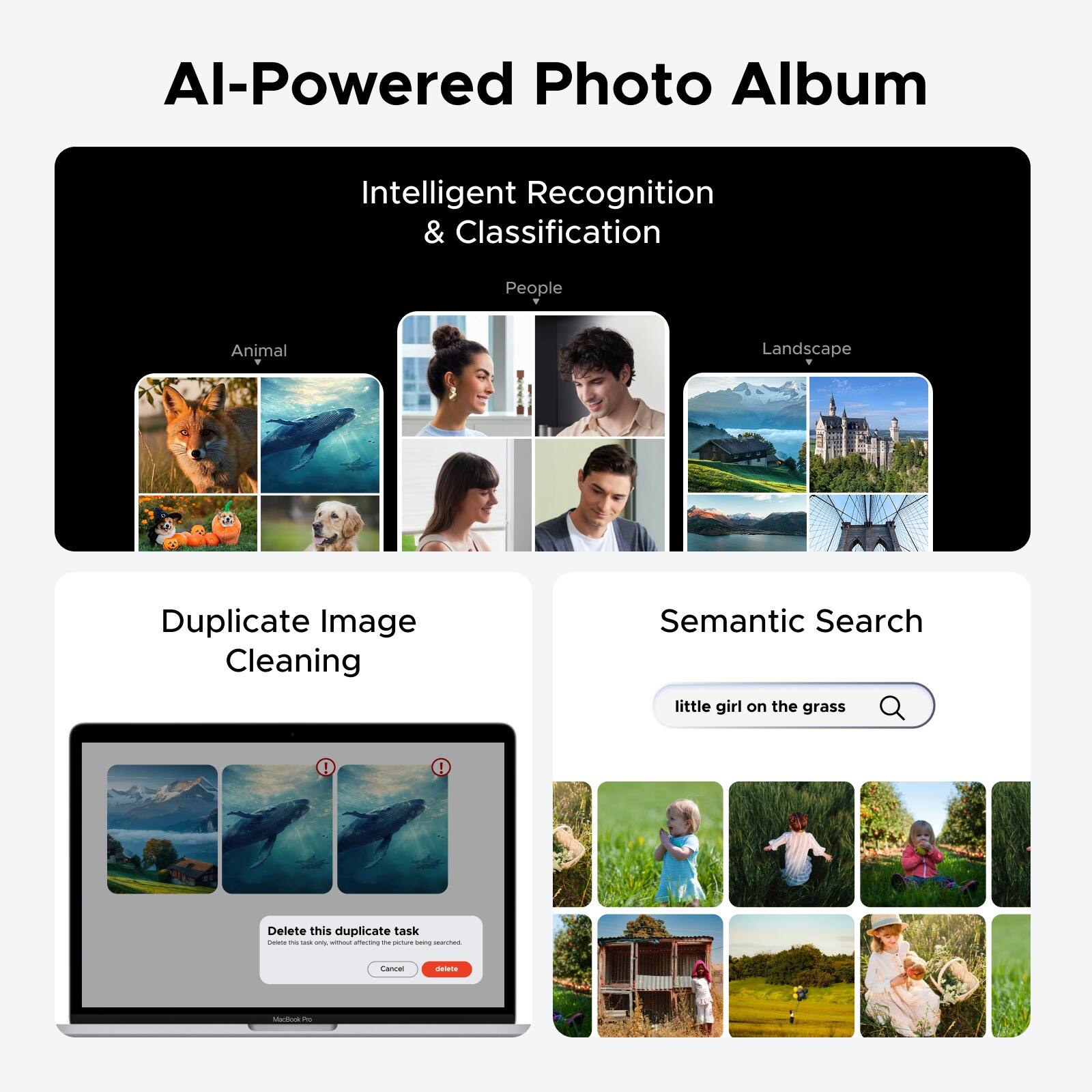 AI-Powered Photo Album

Intelligent Recognition & Classification
- People
- Animal
- Landscape

Duplicate Image Cleaning

Semantic Search
- little girl on the grass

Delete this duplicate task
- Cancel
- delete