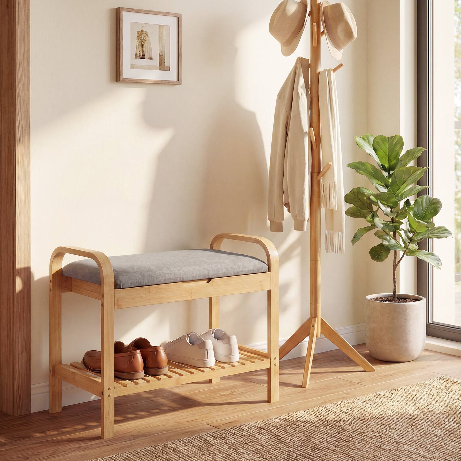 Alt View 7. Gymax - Gymax Shoe Rack Bench Bamboo W/Cushioned Seat&Storage Shelf Padded Seat Shoe Bench - Yellow.