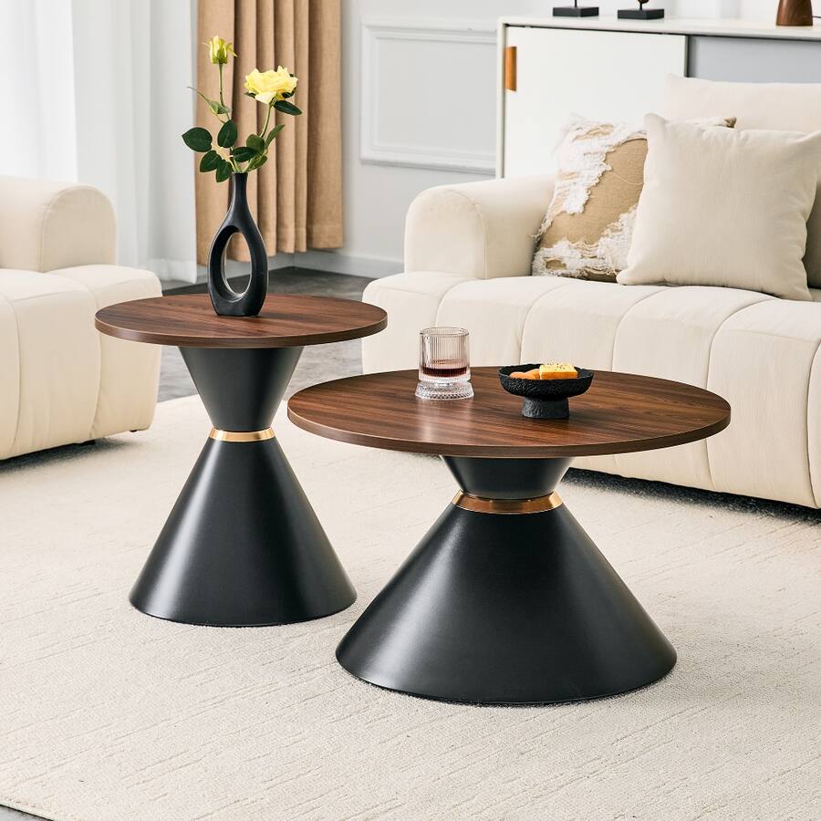 Round Table Base Only Loheer 2 Piece Round Coffee Table Set Walnut Black Metal Base Walnut ...
