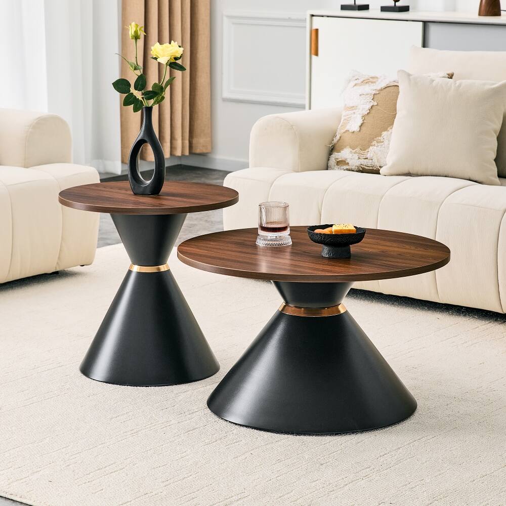 Loheer 2 Piece Round Coffee Table Set Walnut Black Metal Base Walnut ...