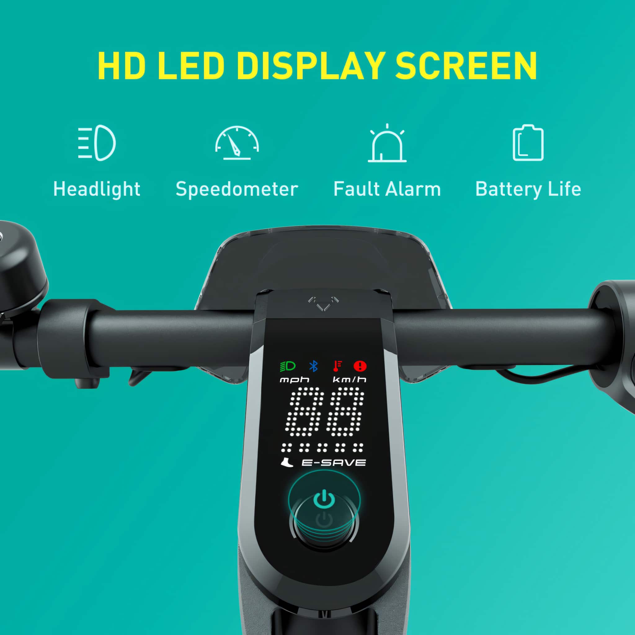 The image features a close-up of a display screen on a bike, showcasing its various features. The display screen includes a headlight, speedometer, fault alarm, and battery life indicator. The screen also has a "0 E-SAVE" feature, which likely refers to an energy-saving mode or function. The image highlights the various components of the display screen and their importance in providing essential information and safety features for the bike's rider.
