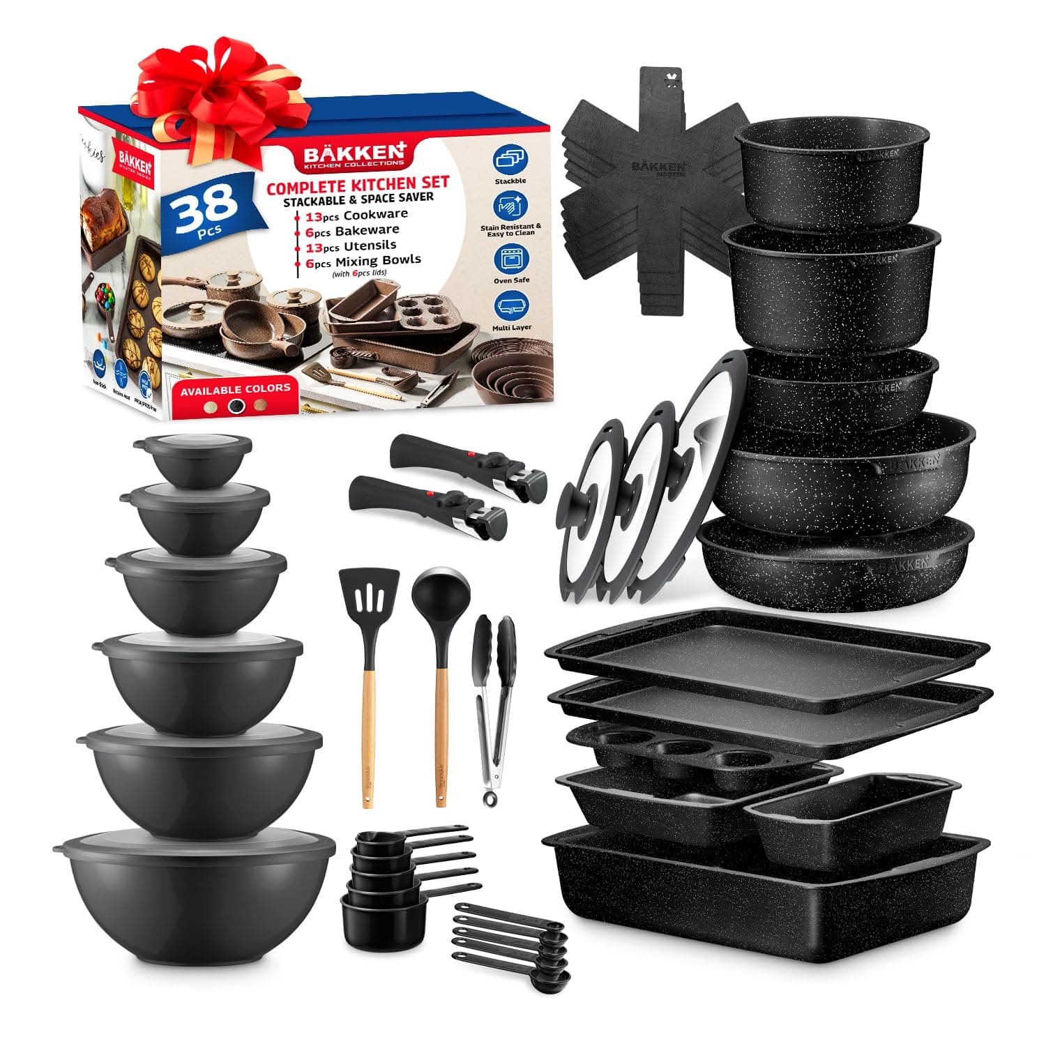 Bakken- Swiss - Bakken Master 38-Piece Set – Granite Nonstick Cookware, Detachable Handles, Glass Lids, Bakeware & Bowls - Gray Marble