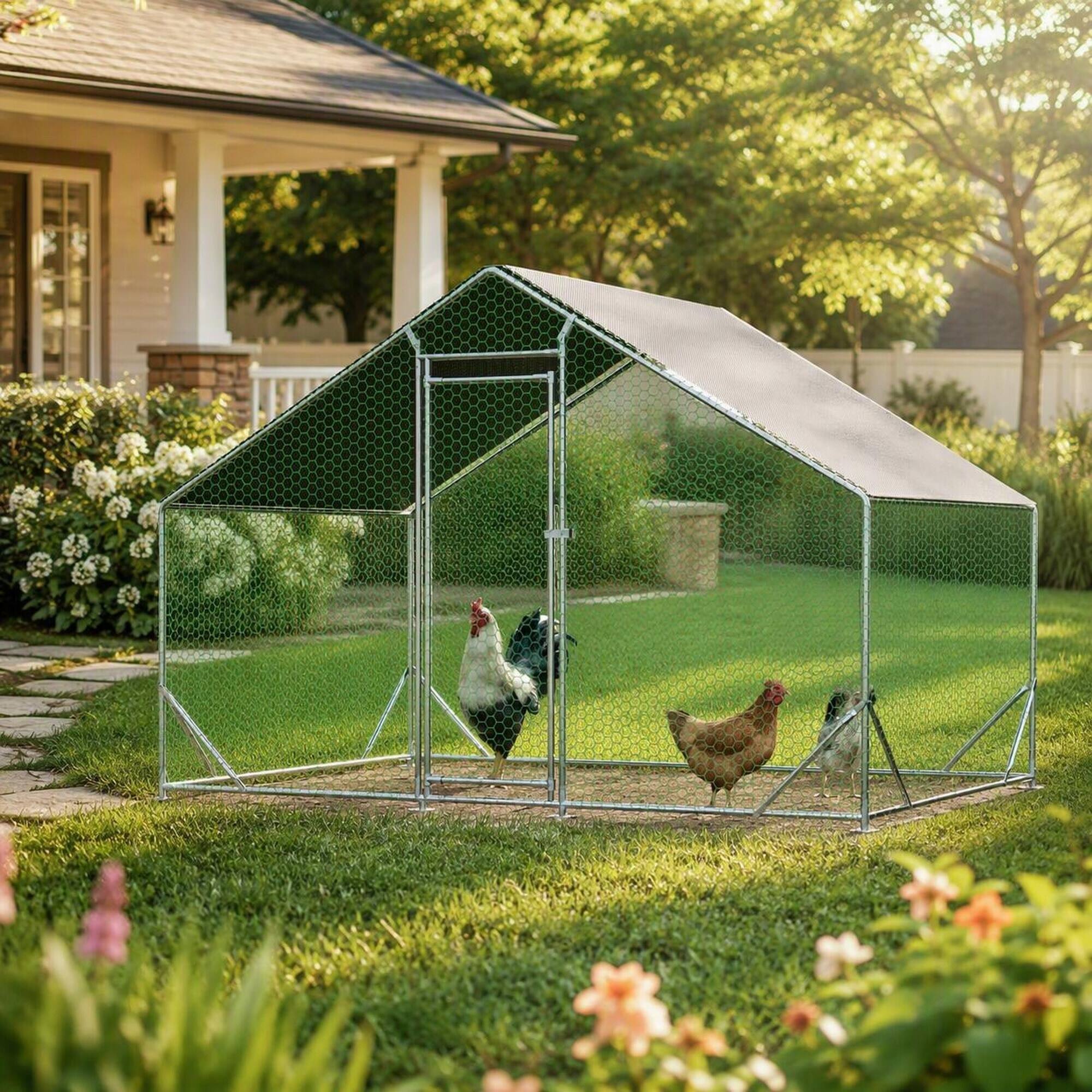 Left. RYHNUYNE - Large Metal Chicken Coop, Walk-in Chicken Run 10x6.6x6.56ft, Galvanized Wire Poultry Cage.