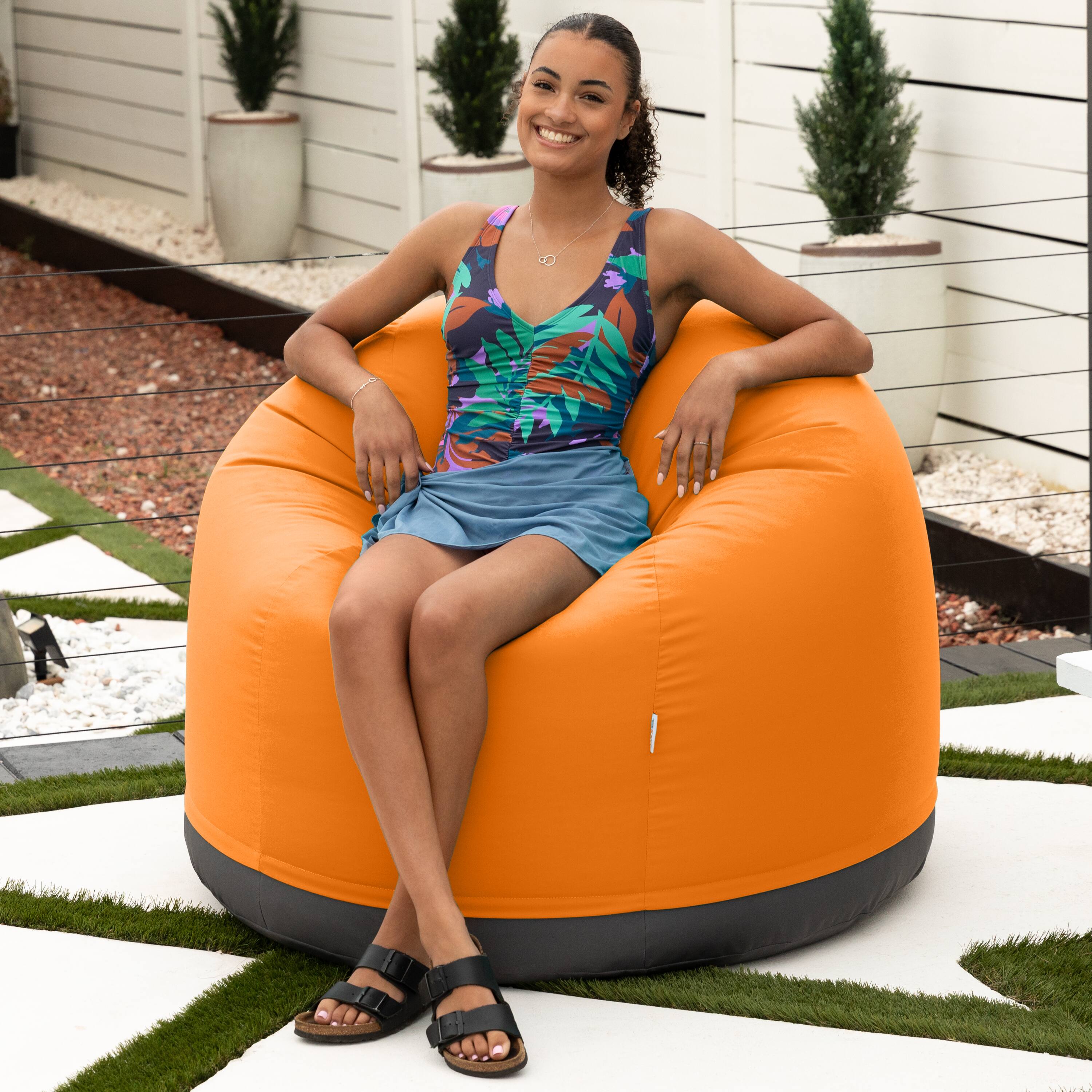 Angle. Jaxx - Jaxx Palmetto Large Round Outdoor Bean Bag Club Chair - Sunbrella Tangerine - Tangerine.
