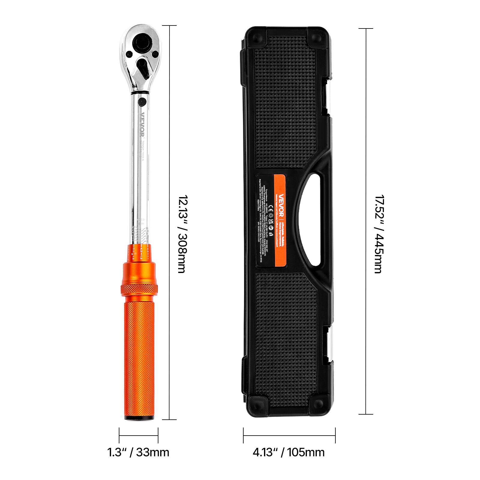 VEVOR 12.13" / 308mm  
CE O PORO3  
1.3" / 33mm  
4.13" / 105mm  

VEVOR  
17.52" / 445mm  
1.3" / 33mm  
4.13" / 105mm