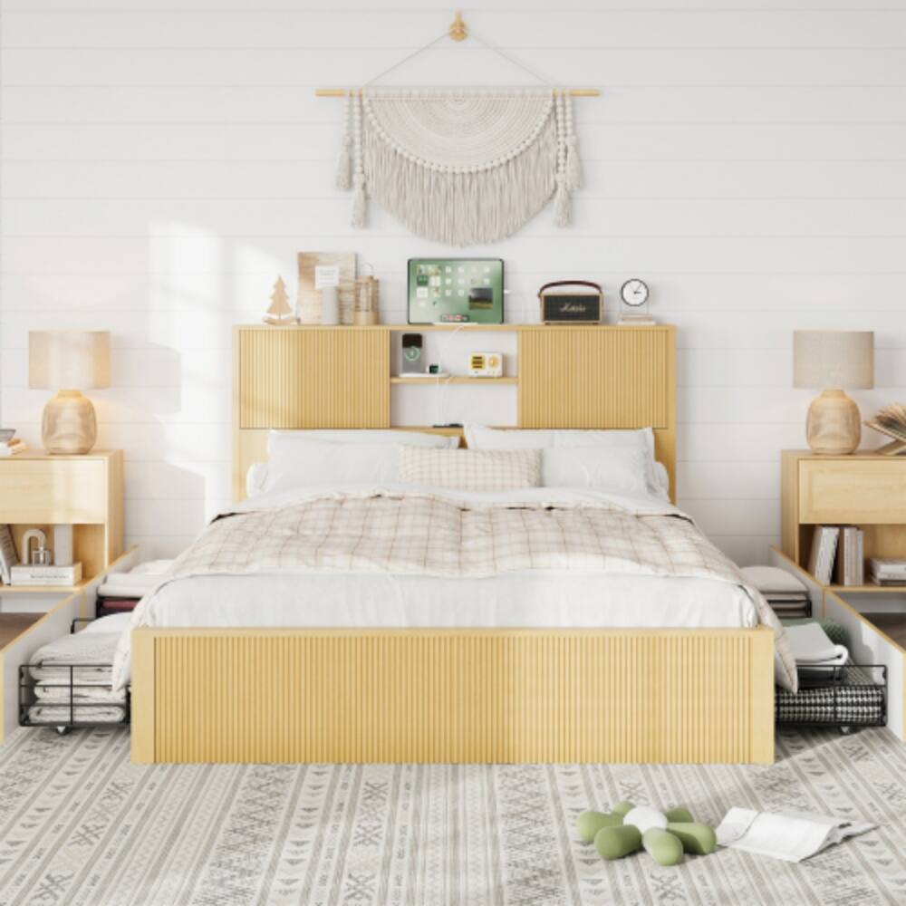 Angle. LUCKY ONE - Queen Size Bed Frame with 4 Storage Drawers, 2-Tier Storage Headboard, USB Charging, Metal Slats, No Box Spring Needed - Oak.