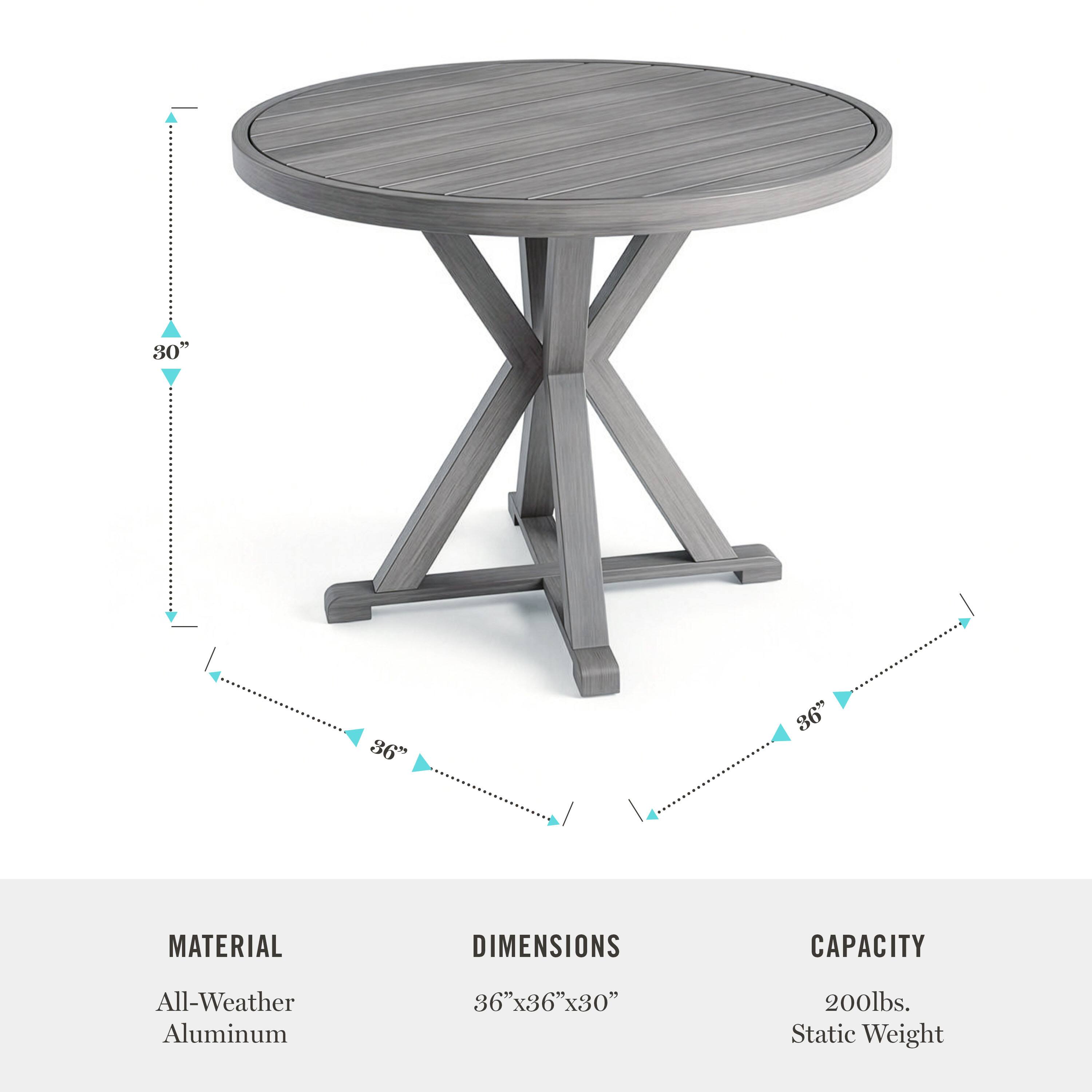 80" 86" 86"  
MATERIAL: All-Weather Aluminum  
DIMENSIONS: 36"x36"x30"  
CAPACITY: 200lbs. Static Weight