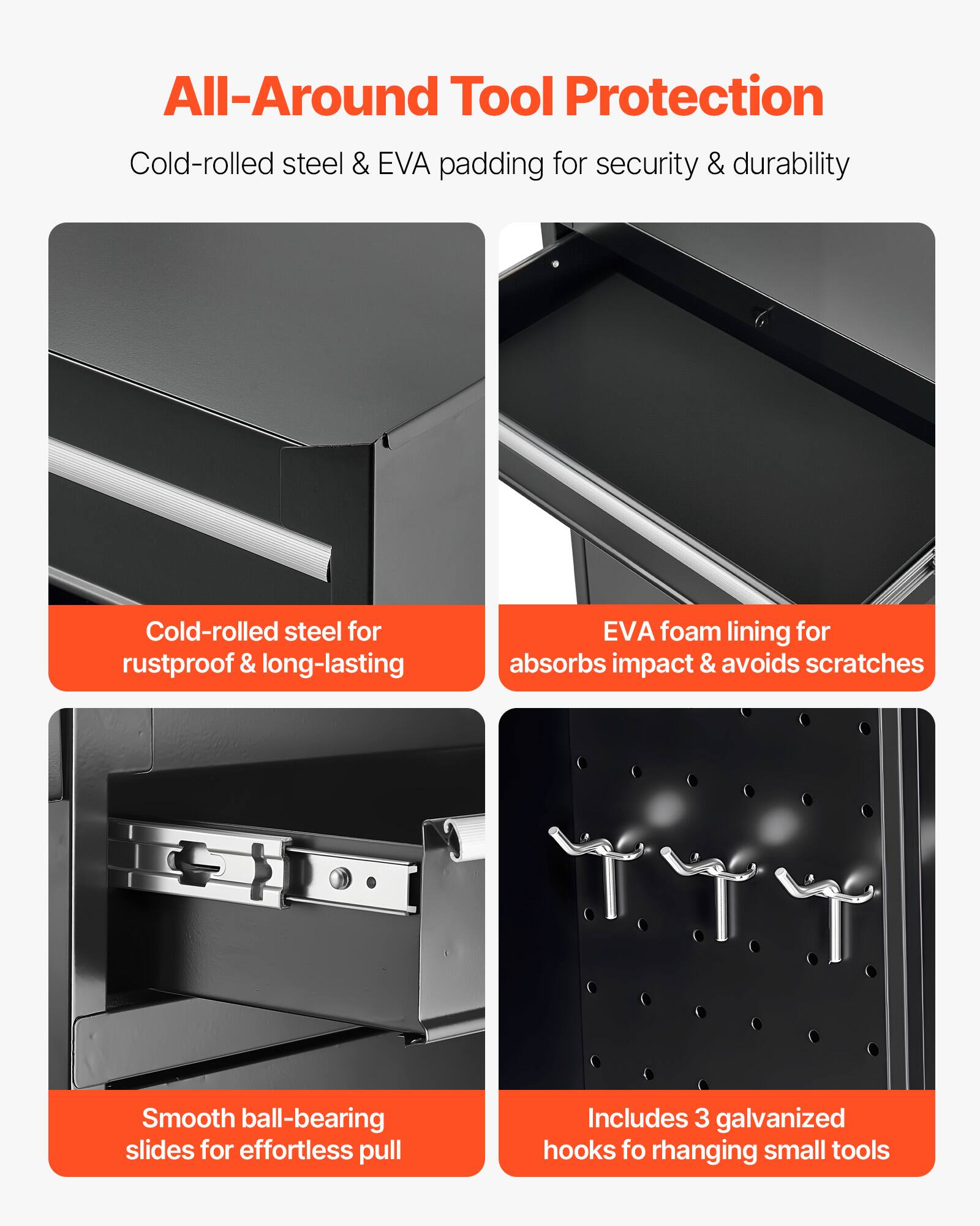 All-Around Tool Protection

Cold-rolled steel & EVA padding for security & durability

- Cold-rolled steel for rustproof & long-lasting
- EVA foam lining for absorbs impact & avoids scratches
- Smooth ball-bearing slides for effortless pull
- Includes 3 galvanized hooks for hanging small tools