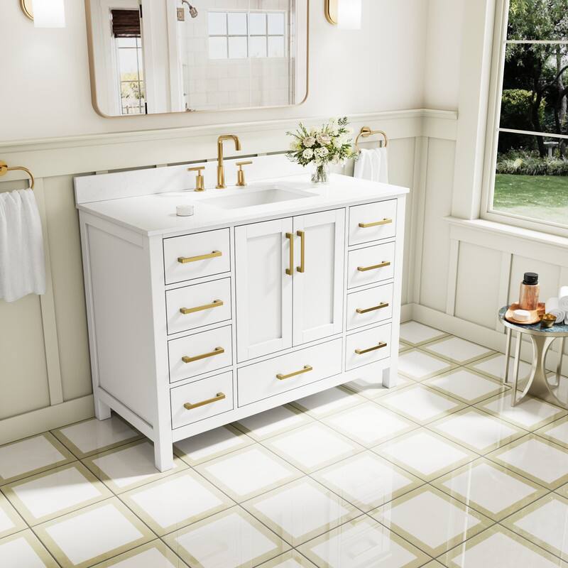 Left. WELLFOR - 48 in Bathroom Vanity with Sink, Freestanding Solid Wood Bathroom Cabinet with 2 Soft-Close Doors& 9 Soft-Close Drawers - White.