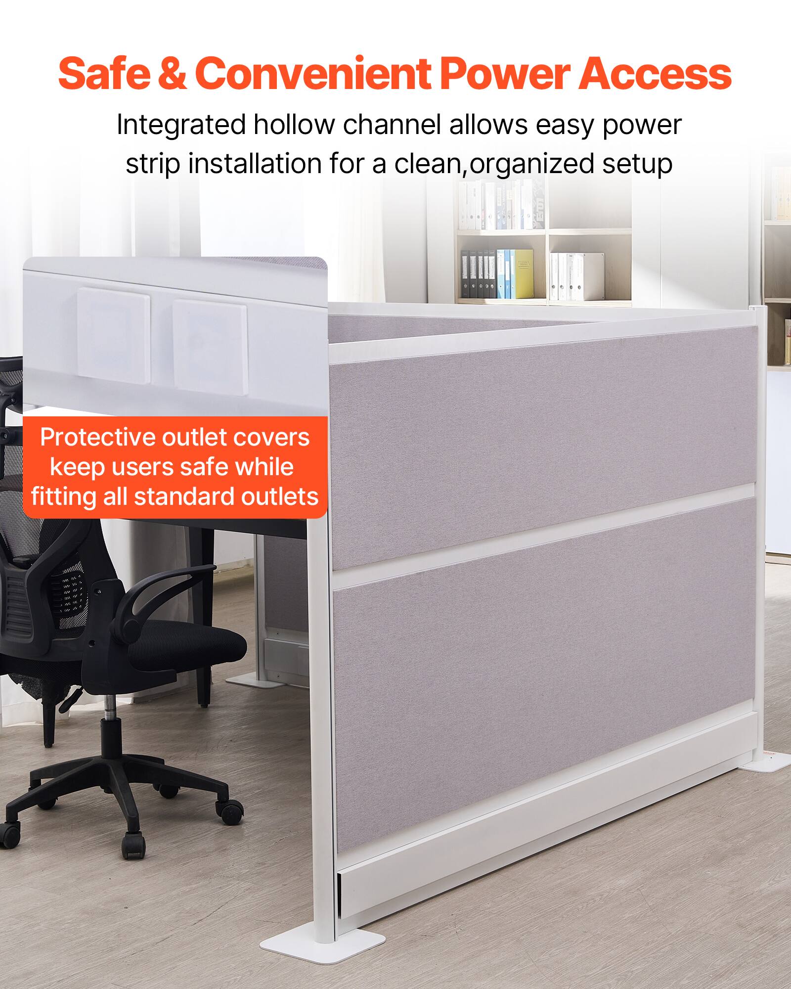 Safe & Convenient Power Access

Integrated hollow channel allows easy power strip installation for a clean, organized setup

Protective outlet covers keep users safe while fitting all standard outlets
