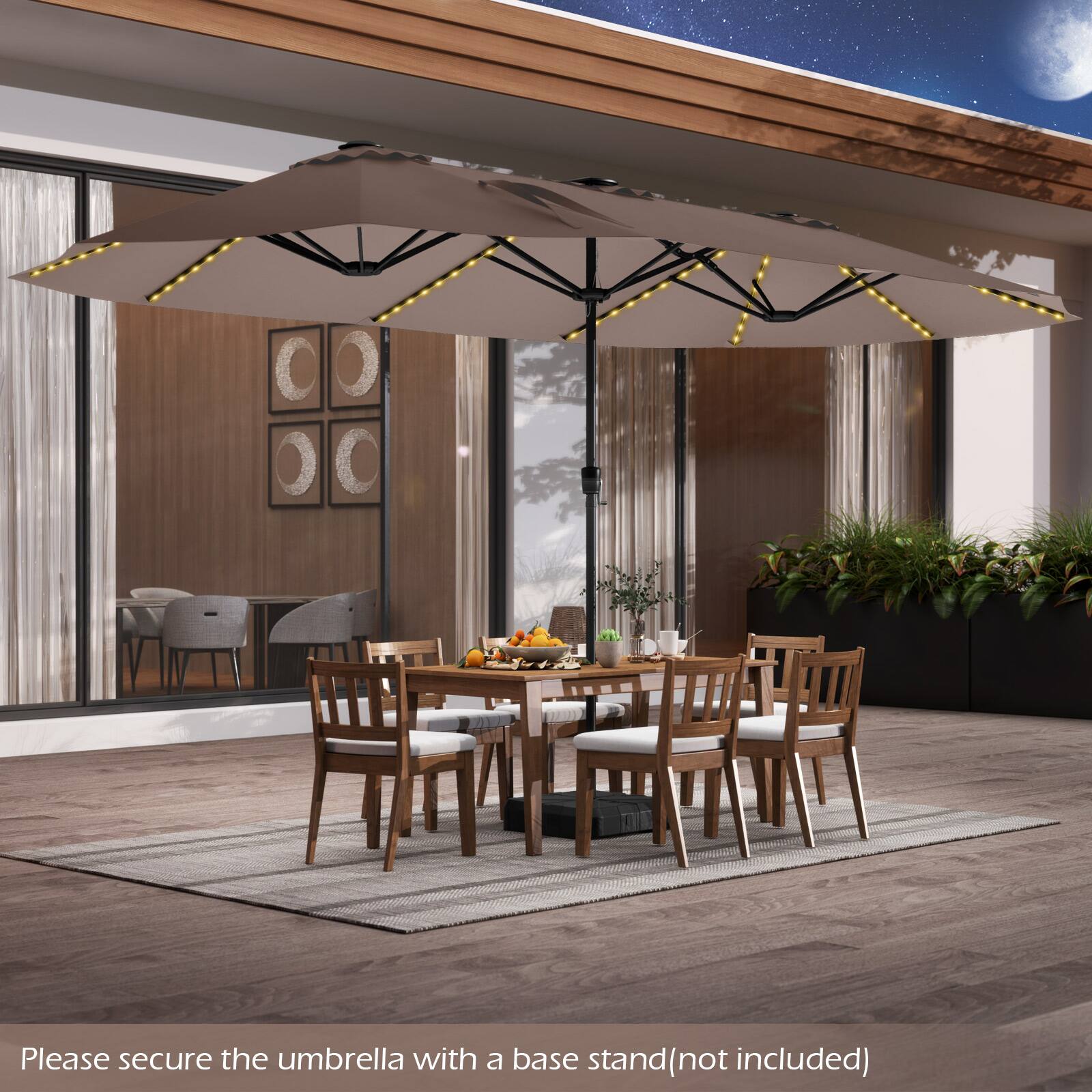 Please secure the umbrella with a base stand (not included)