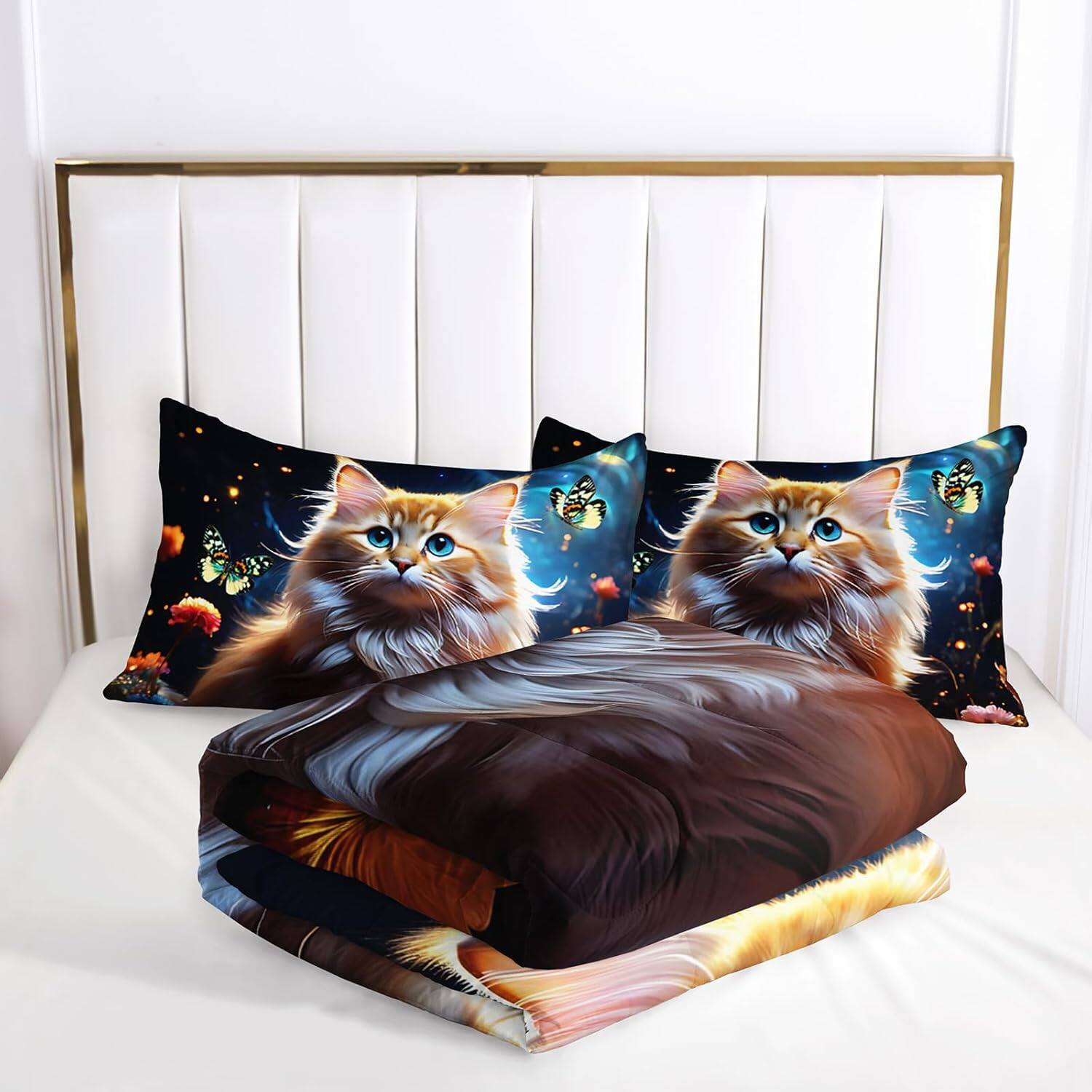 Alt View 2. Wikistore - WIKISTORE Kawaii Cat Comforter Set Queen Size 3D Animals Flowers Bedding for Girls Kids Teens - As Picture.