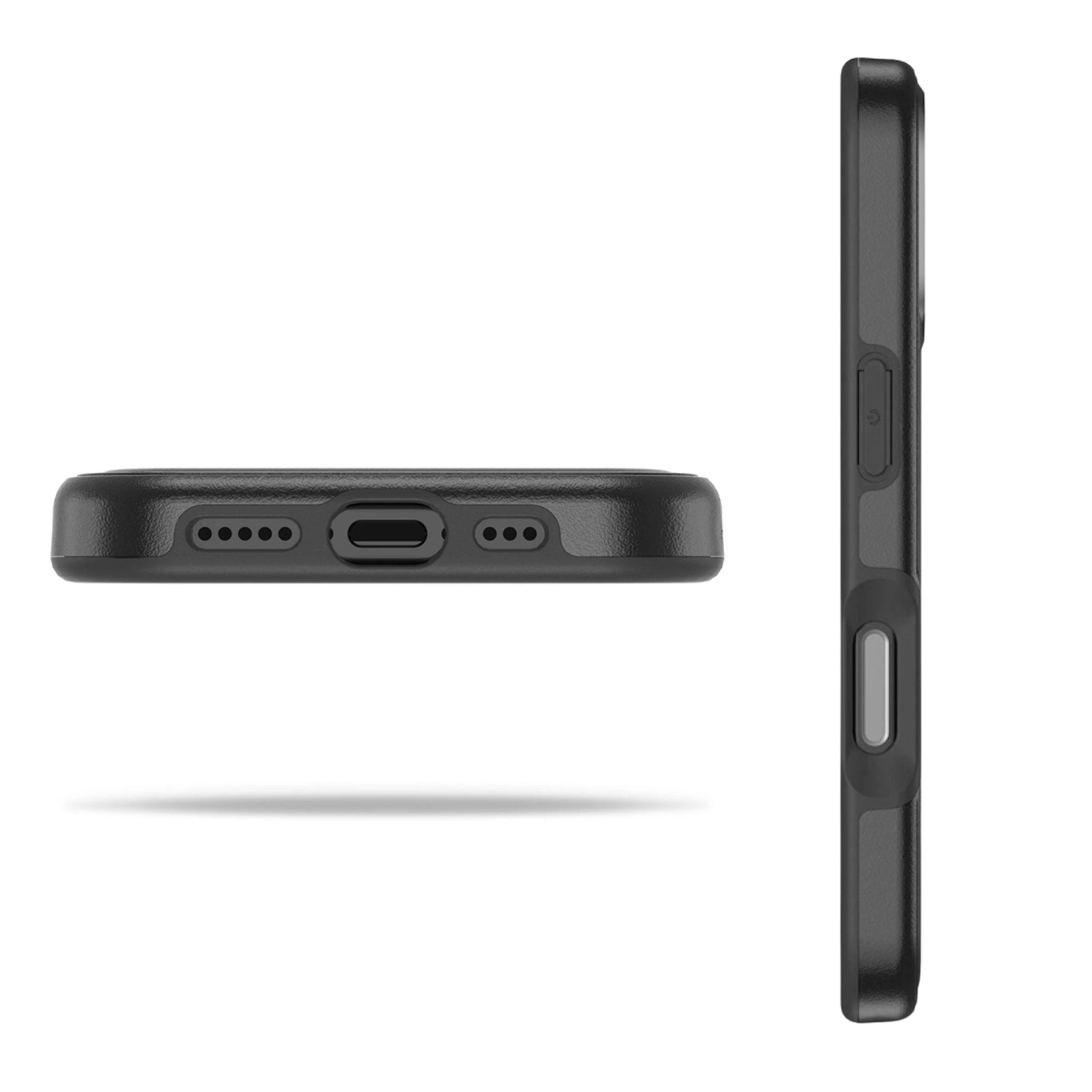 The image shows a black phone case with the following features:

- A camera cutout on the back.
- A speaker grille on the bottom edge.
- A charging port and microphone holes on the bottom edge.
- A button on the side, likely for volume control or power.