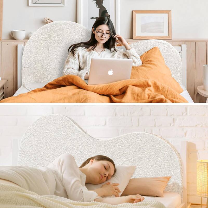Back. wowmax - Faux Fleece Queen Upholstered Headboard, Curved Foam Filled Fabric Headboard for Bedroom, Teens and Adults, White - White.