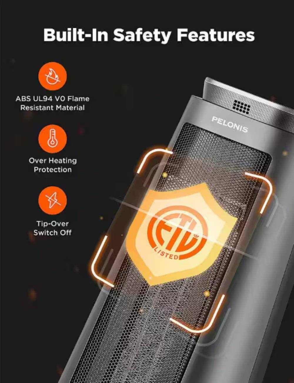 Built-In Safety Features

- ABS UL94 VO Flame Resistant Material
- Over Heating Protection
- Tip-Over Switch Off
- ETL LISTED