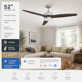 ENLIGHT - 52" Smart DC Ceiling Fan with CCT Dimmable LED Light, 3 Blades, Energy Efficient, Quiet Operation, Indoor Rated - Walnut Woodgrain