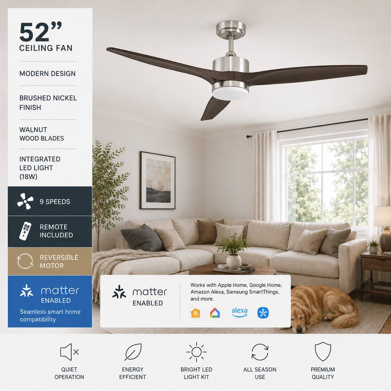 ENLIGHT - 52" Smart DC Ceiling Fan with CCT Dimmable LED Light, 3 Blades, Energy Efficient, Quiet Operation, Indoor Rated - Walnut Woodgrain