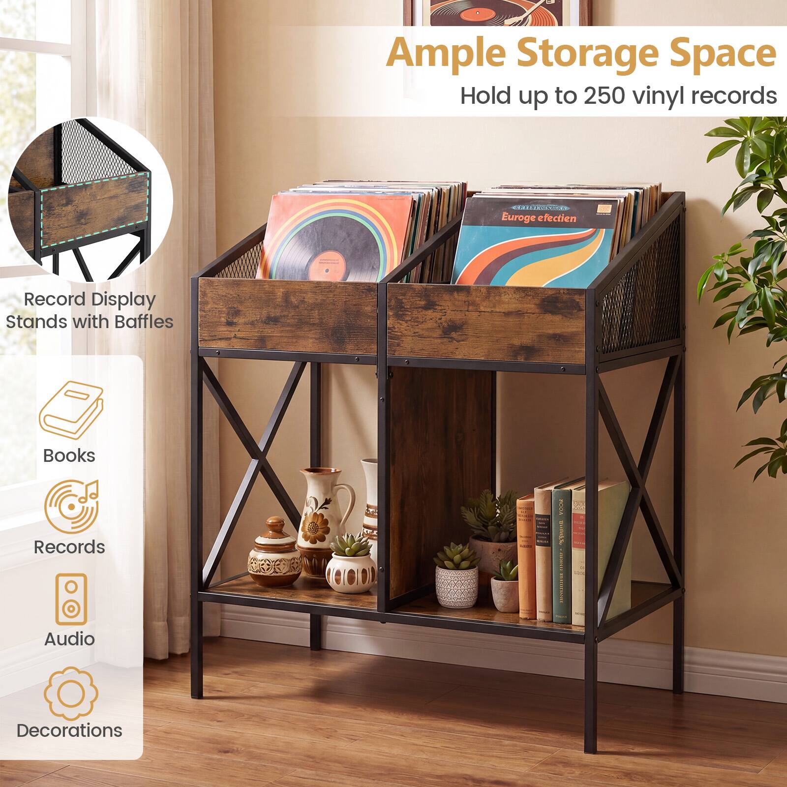 Ample Storage Space  
Hold up to 250 vinyl records

CHILLENGE Euroge effectien

Record Display Stands with Baffles

Books  
Records  
Audio  
Decorations