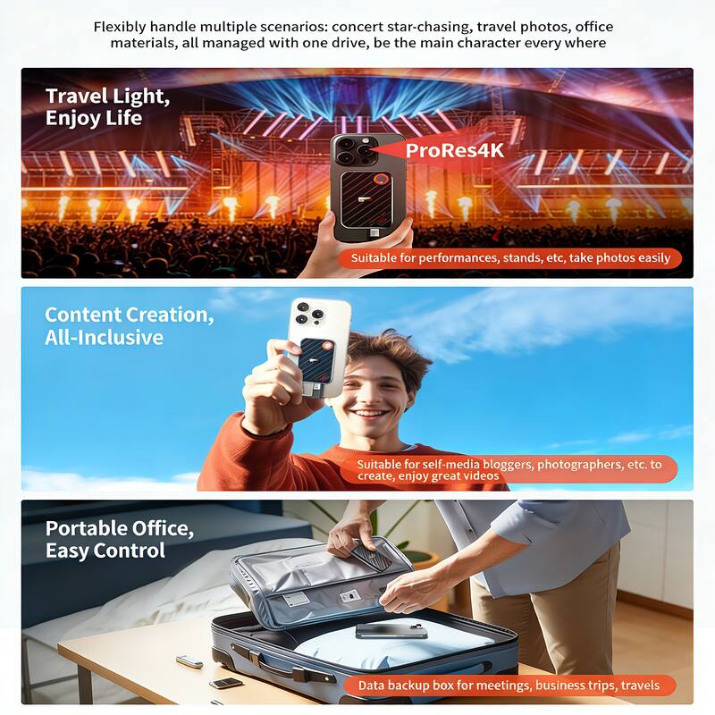 Flexibly handle multiple scenarios: concert star-chasing, travel photos, office materials, all managed with one drive, be the main character everywhere.

**Travel Light, Enjoy Life**  
ProRes4K  
Suitable for performances, stands, etc., take photos easily

**Content Creation, All-Inclusive**  
Suitable for self-media bloggers, photographers, etc. to create, enjoy great videos

**Portable Office, Easy Control**  
Data backup box for meetings, business trips, travels