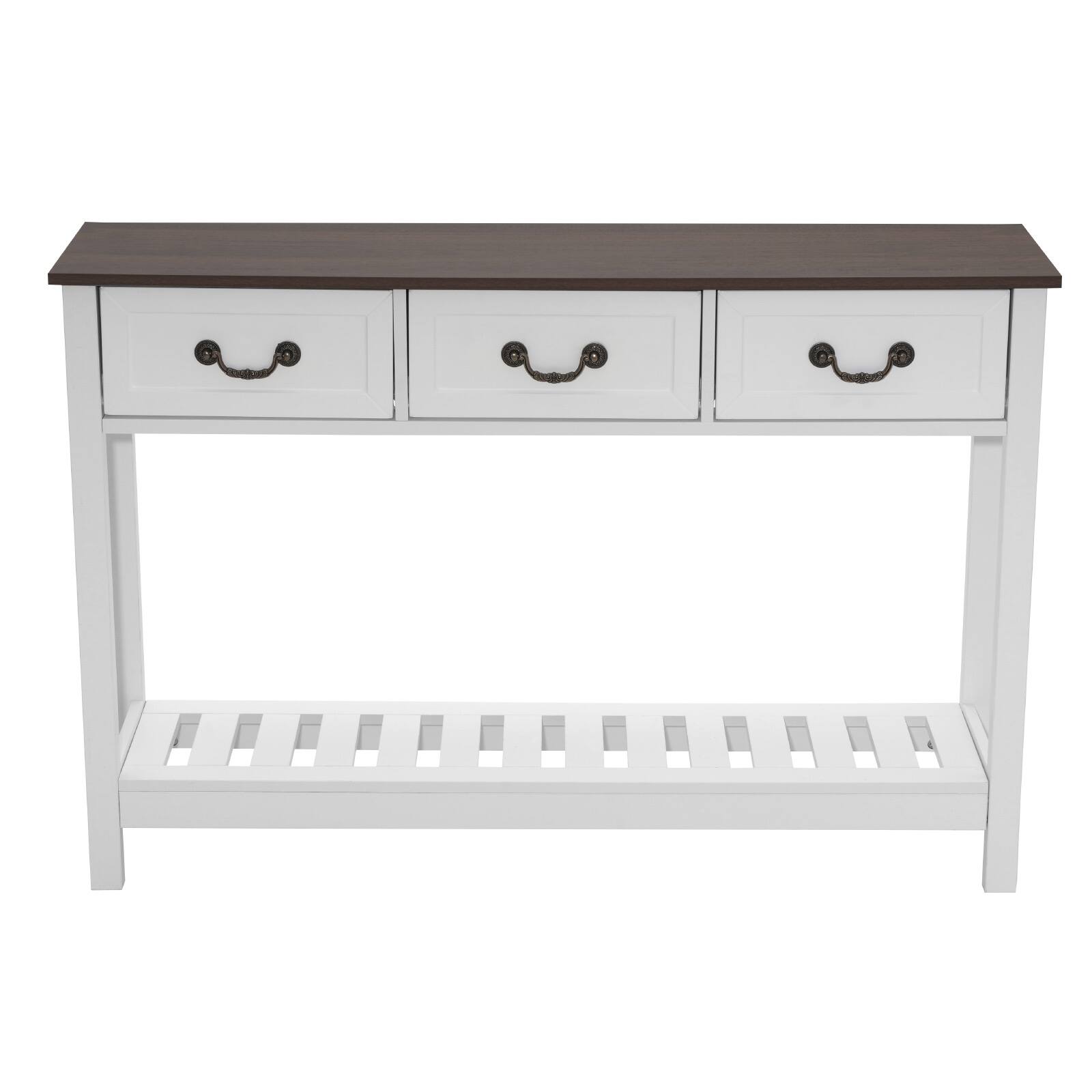 Alt View 5. VEVOR - 47 in Console Table, Farmhouse Desk Behind the Couch with Drawers and Bottom Storage Shelf, Wooden Entrance Sofa Table - White + Brown.