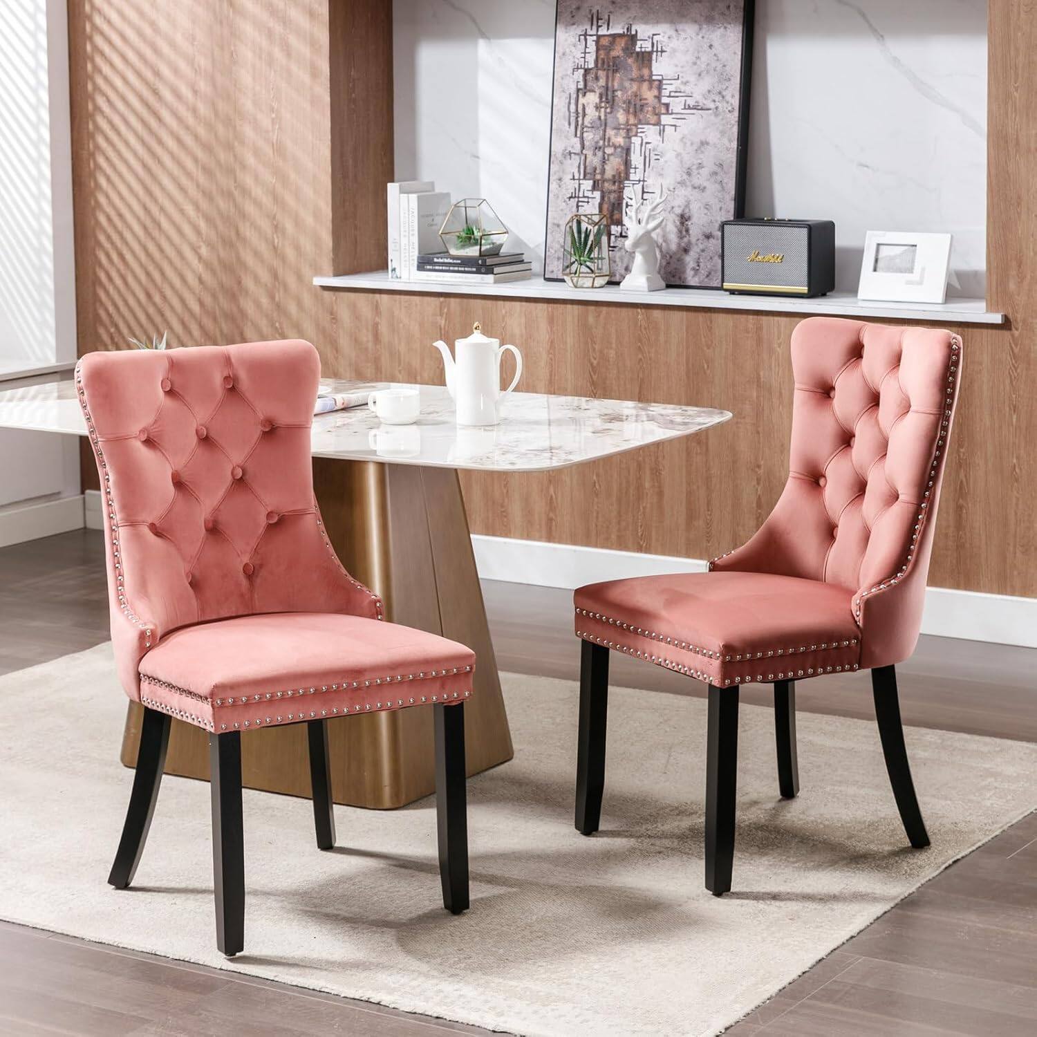 Alt View 2. Trinkets Crazed - Velvet Dining Chairs Set of 2, Upholstered High-end Tufted Dining Room Chair with Wood Legs Nailhead Trim for Kitchen - pink.
