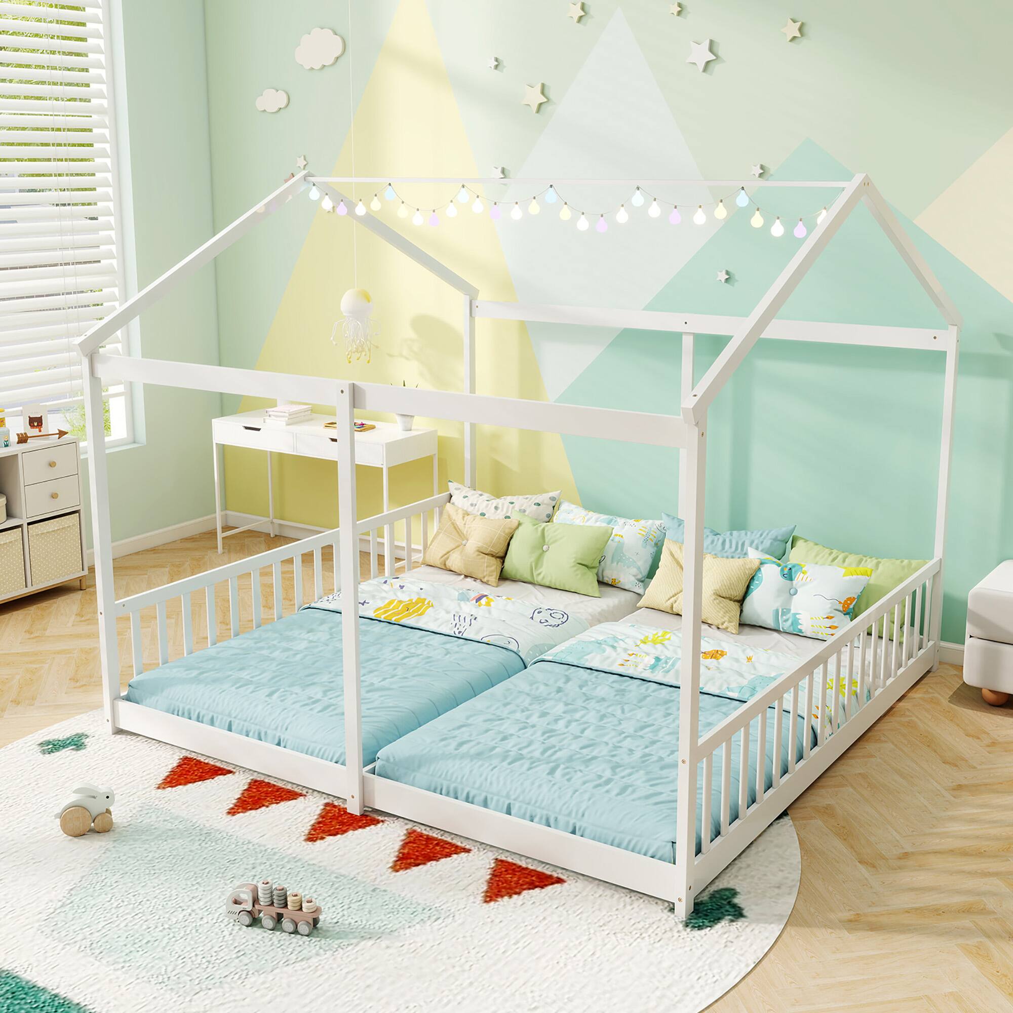 Gymax - Double Floor Bed w/ Safety Guardrails No Box Spring Needed for Teens Boys Girls - White