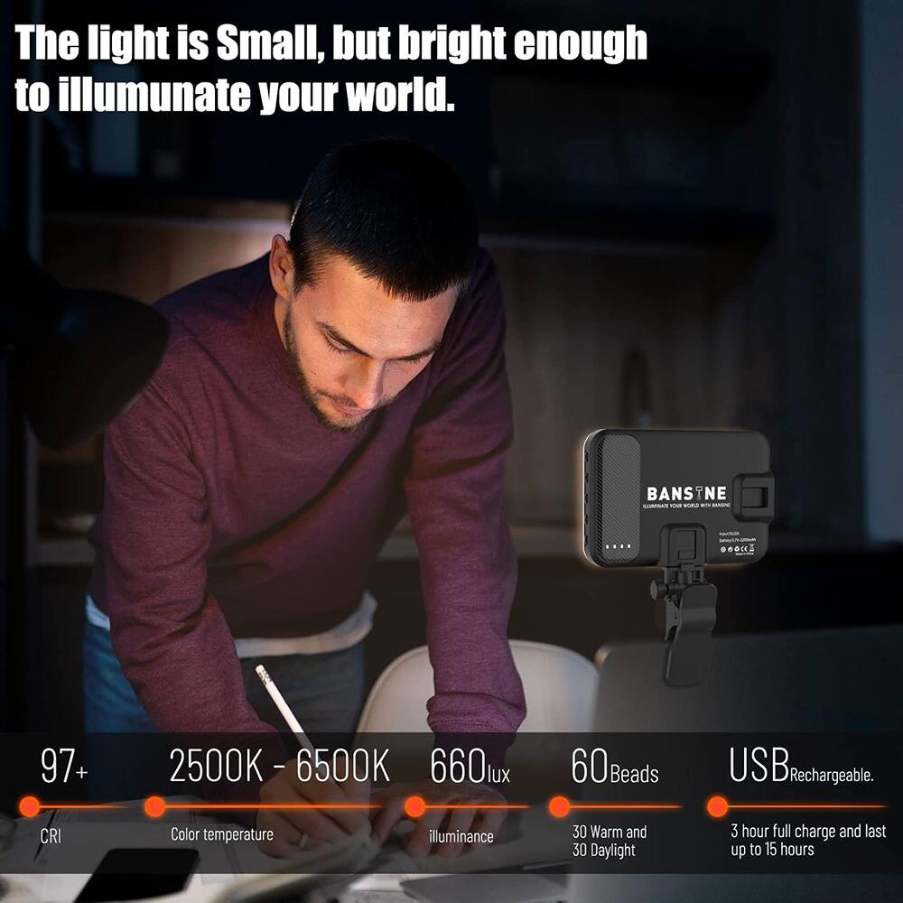 The light is small, but bright enough to illuminate your world.

- CRI: 97+
- Color temperature: 2500K - 6500K
- Illuminance: 660 lux
- 60 Beads
- 30 Warm and 30 Daylight
- USB Rechargeable
- 3 hour full charge and last up to 15 hours