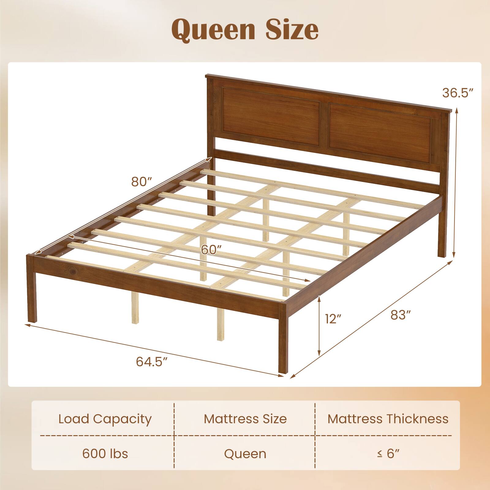 Queen Size

- Load Capacity: 600 lbs
- Mattress Size: Queen
- Mattress Thickness: ≤ 6"

Dimensions:
- Length: 80"
- Width: 60"
- Height: 36.5"
- Depth: 64.5"
- Bed Frame Height: 12"
- Overall Length: 83"