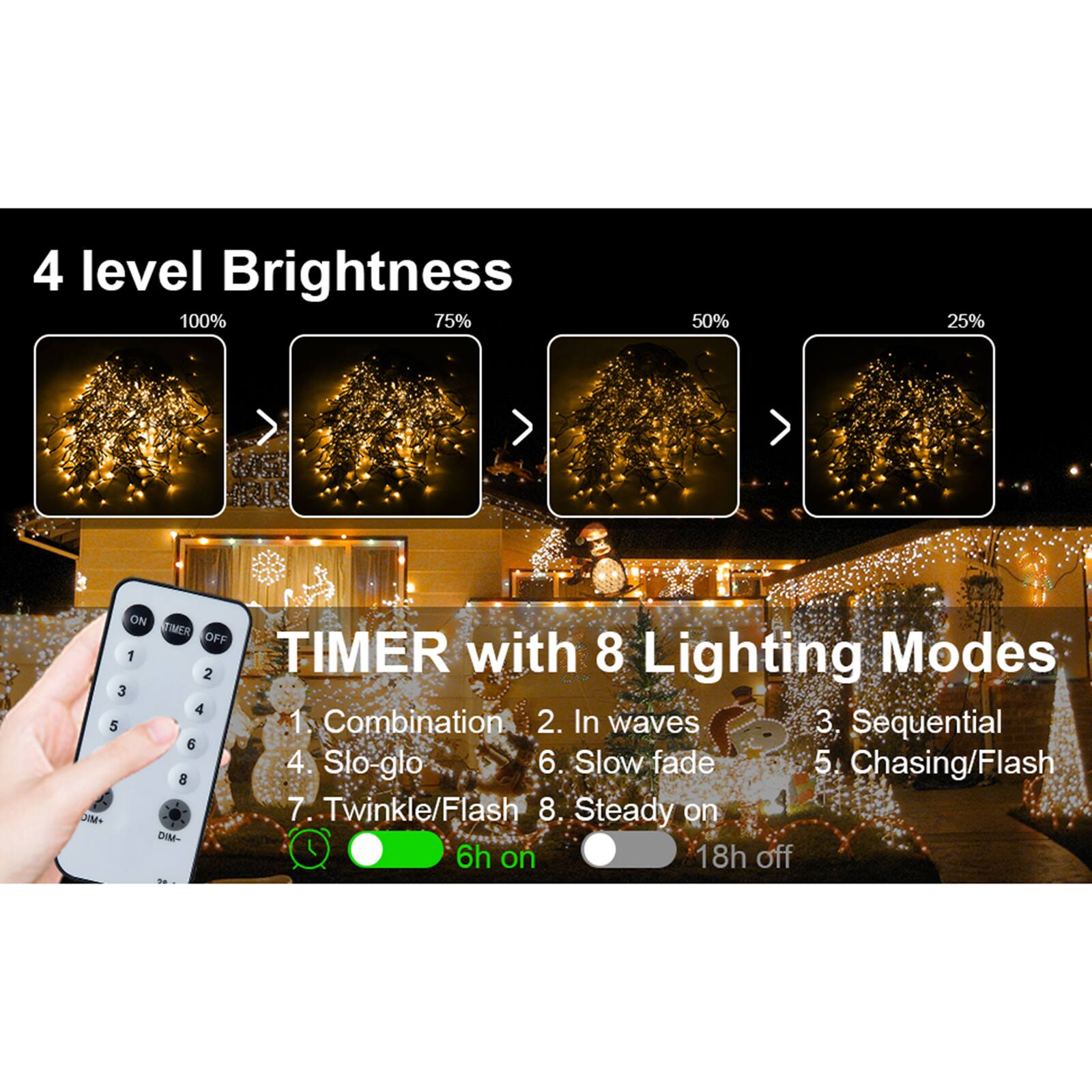 4 level Brightness  
100%  
75%  
50%  
25%  

TIMER with 8 Lighting Modes  
1. Combination  
2. In waves  
3. Sequential  
4. Slo-glo  
5. Chasing/Flash  
6. Slow fade  
7. Twinkle/Flash  
8. Steady on  

DIM-  
6h on  
18h off
