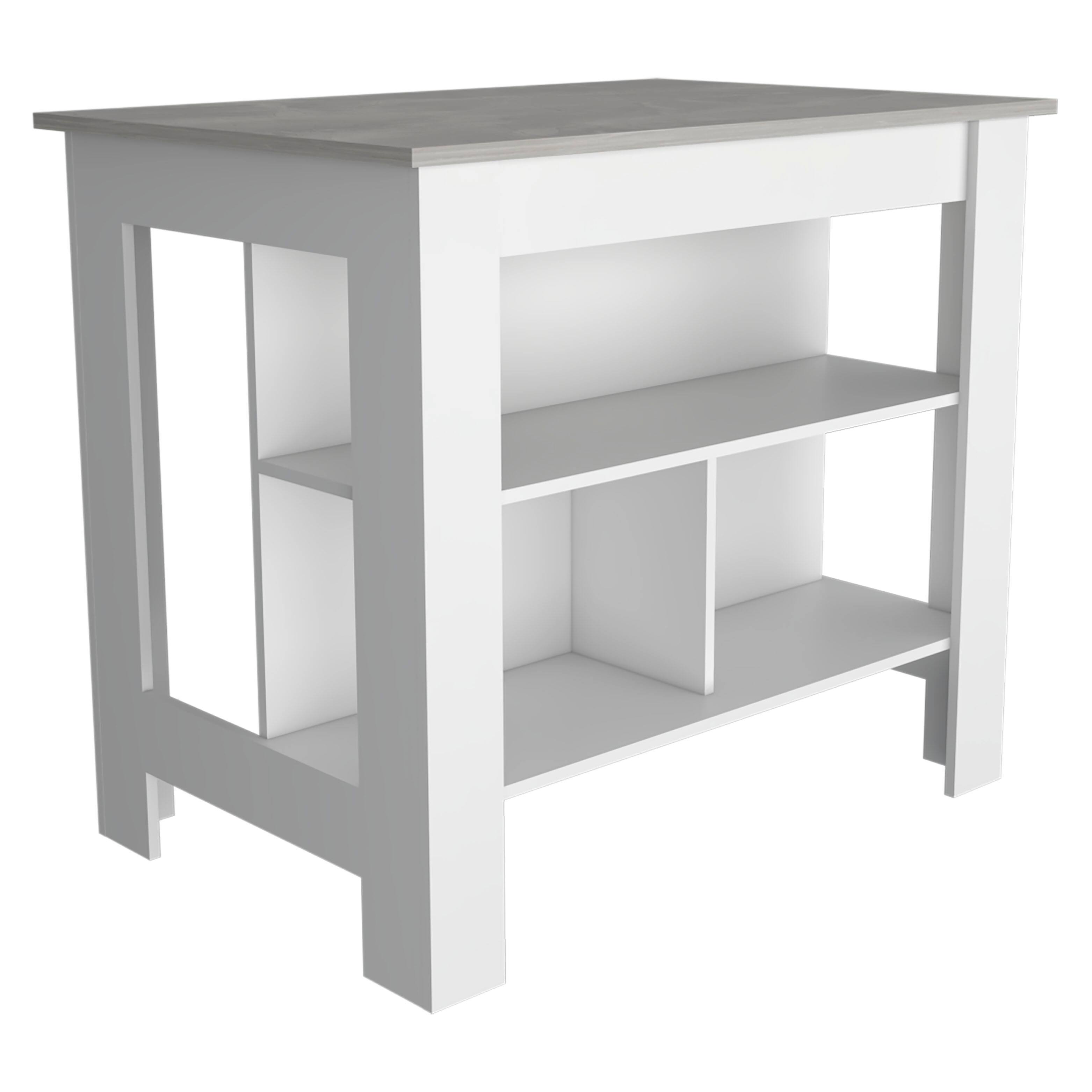 Back. TuHome - Cala Kitchen Island, Four Legs, Three Shelves, White and Ibiza Marble - White, Ibiza Marble.