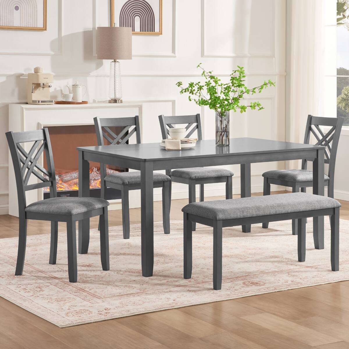 Loheer - 6 Piece Dining Table Set, Rectangular Wood Table with Bench and Upholstered Chairs - Gray