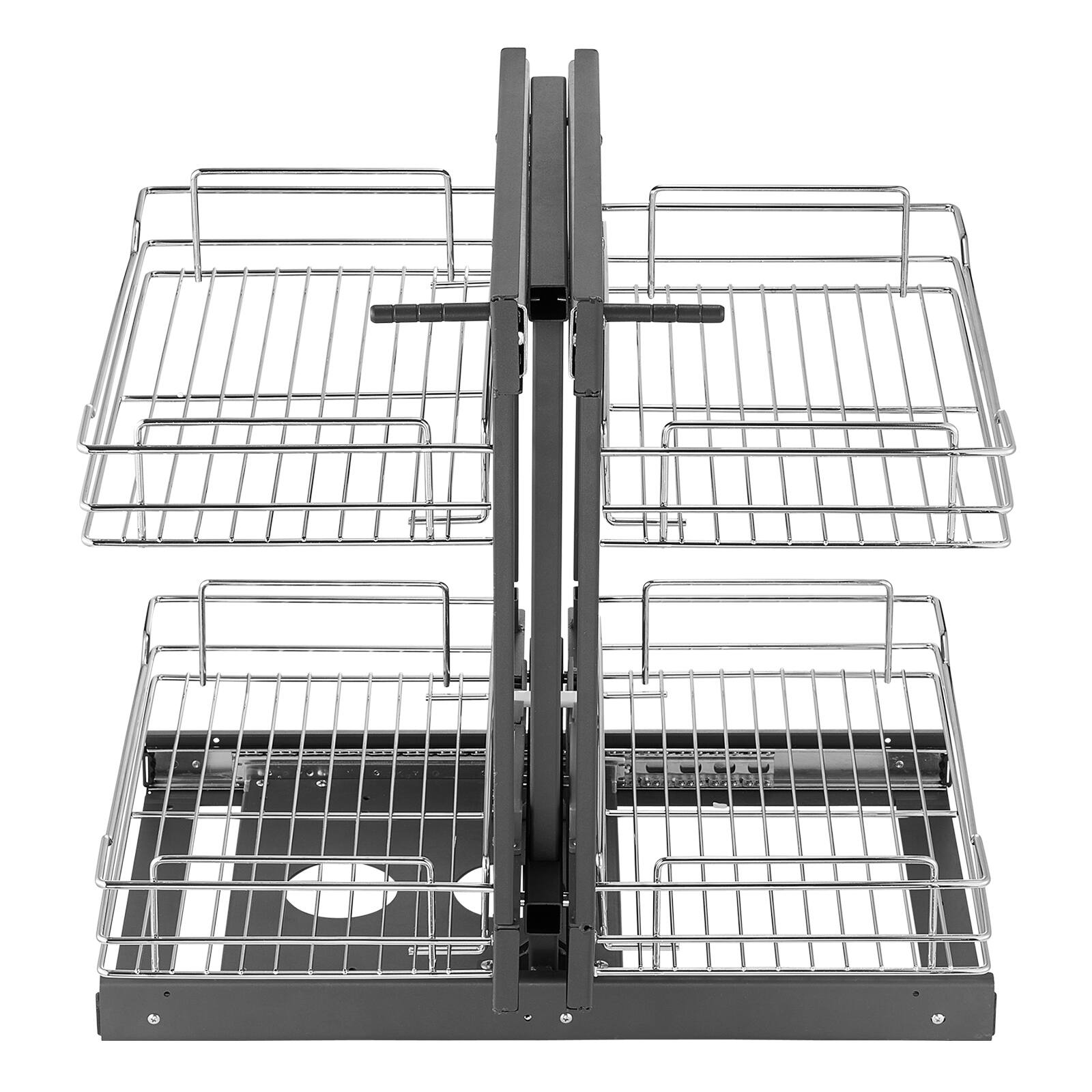 Front. VEVOR - Min 15"W Opening Blind Corner Pull Out Organizer, 2 Tier 4 Shelf Kitchen Cabinet Organizer, Chrome Carbon Steel - Silver.