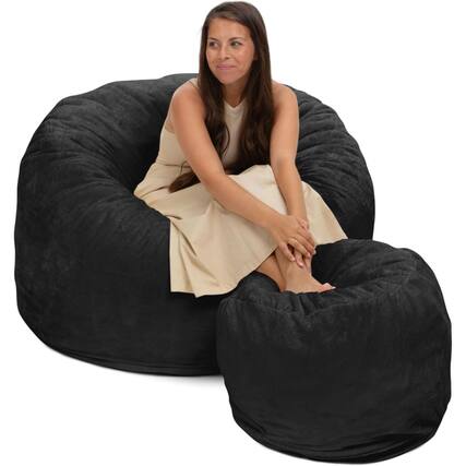Front. Ultimate Sack - Ultimate Sack 4ft Bean Bag Chair and Footstool, Oversized Lounger, Charcaol Fur - Charcoal.