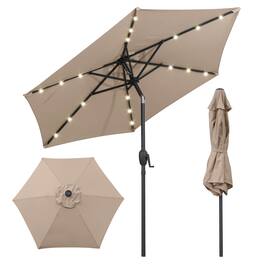 Costway - 7.5 ft Solar Powered Patio Umbrella with LED Lights Push Button Tilt Crank Handle - Brown