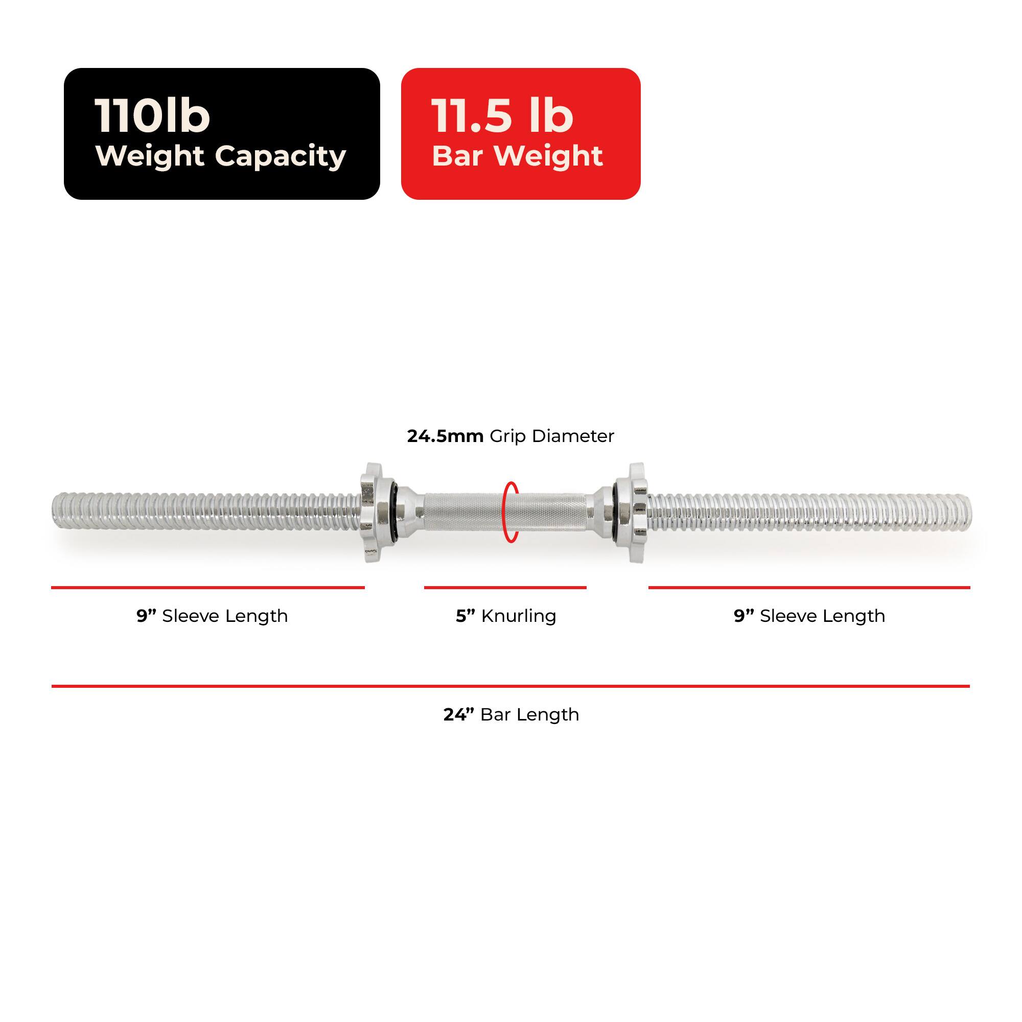 110lb Weight Capacity  
11.5 lb Bar Weight  
24.5mm Grip Diameter  
9" Sleeve Length  
5" Knurling  
9" Sleeve Length  
24" Bar Length