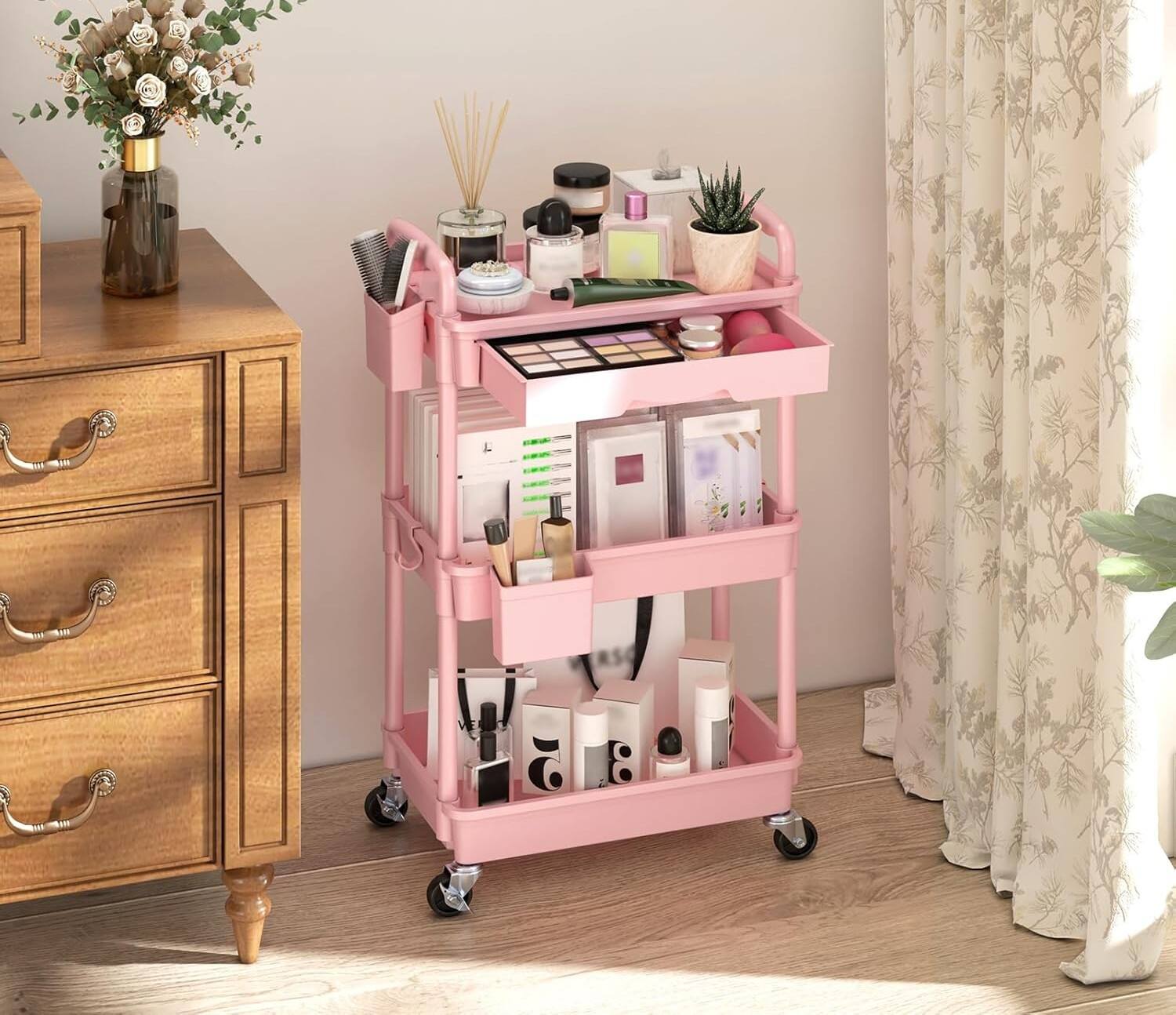 Alt View 3. FINEAK - 3-Tier Rolling Utility Cart-Removable Drawer & Lockable Wheels - Pink.
