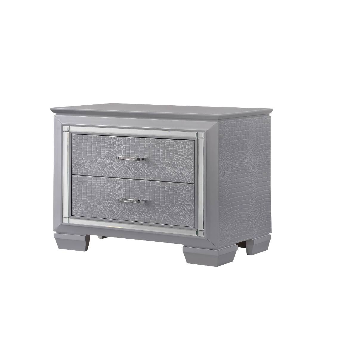Left. Loheer - Loheer Modern Glam Nightstand with Built-In Night Light, Two Drawers, Silver Solid Wood - Silver.