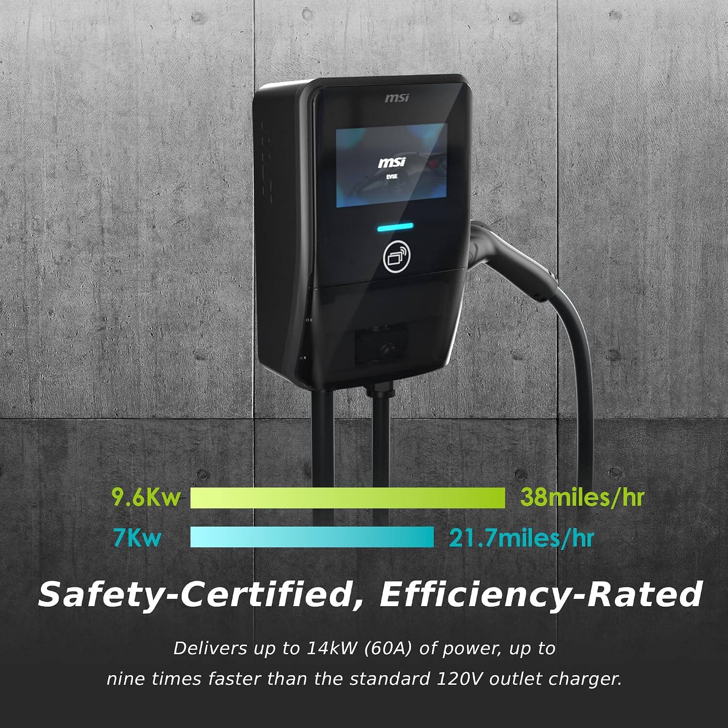 msi EVSE  
9.6Kw 7Kw  
38miles/hr 21.7miles/hr  
Safety-Certified, Efficiency-Rated  
Delivers up to 14kW (60A) of power, up to nine times faster than the standard 120V outlet charger.