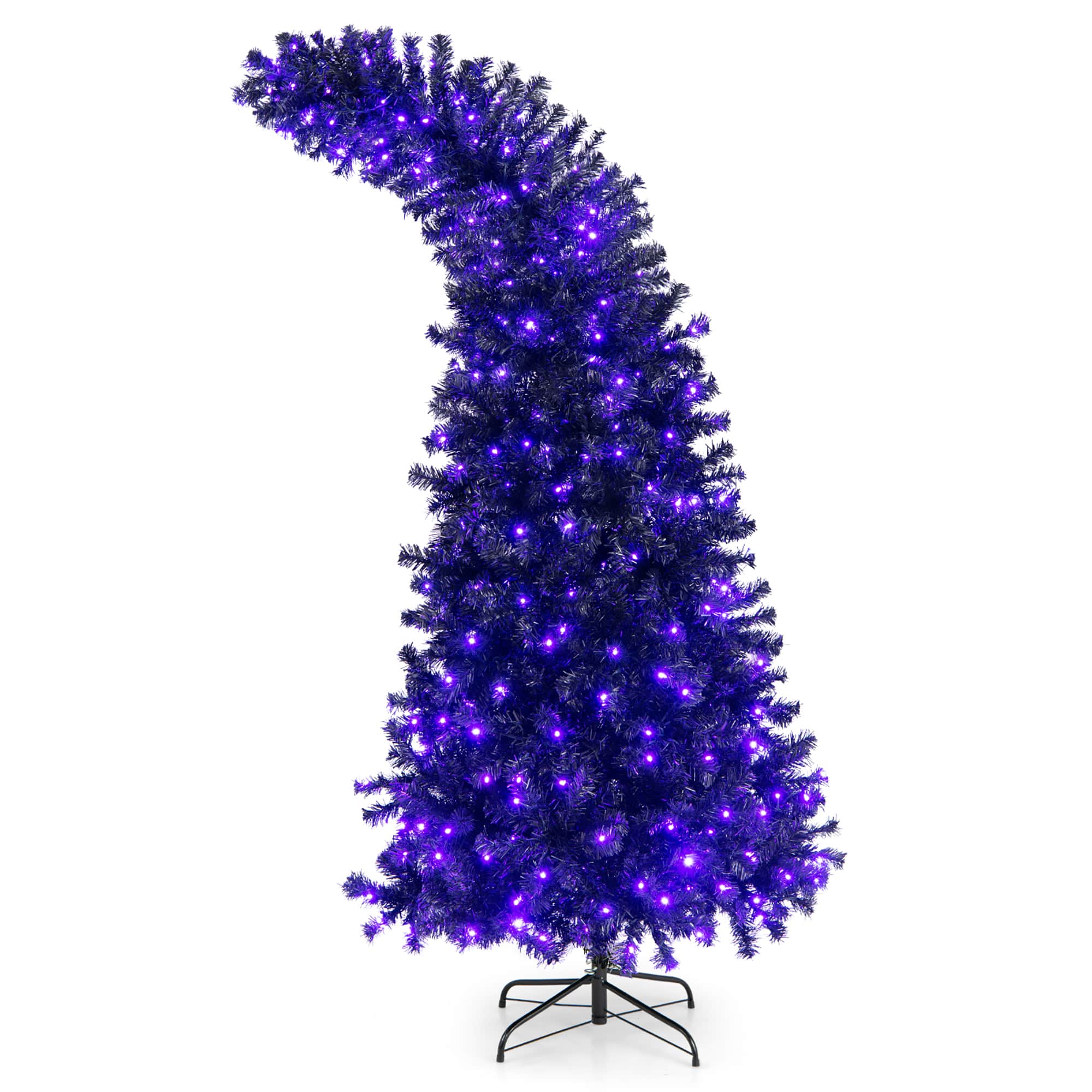 Front. Costway - 7FT Pre-Lit Halloween Tree 8 Flash Modes w/ 400 Purple & Orange Lights - Black.