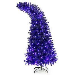 Costway - 7FT Pre-Lit Halloween Tree 8 Flash Modes w/ 400 Purple & Orange Lights - Black