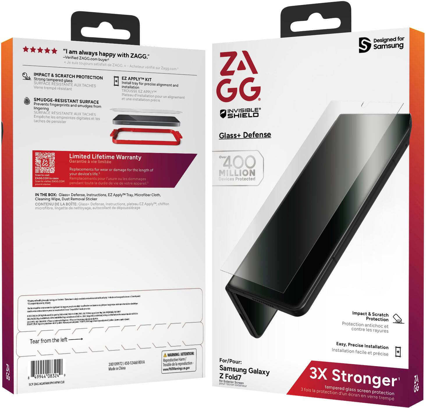 "I am always happy with ZAGG. ZAGG.com buyer? suis toujours satisfait ZAGO Acheteur vrit su Zagg.com IMPACT SCRATCH Strong PROTECTION EZ APPLY KIT tempered glass SURFACE RESISTANT ANTE Install tray for precise alignment and Verre trempe rsistant installation TROUSS APPLY Plateau d'installation pour alignement une installation prcis SMUDGE-RESISTANT SURFACE Prevents fingerprints and smudges Empche les empreintes digitales es Laches de persister ZA GG. INVISIBLE* SHIELD Designed for Samsung Glass+ Defense 1OS.B8A5 Limited Lifetime Warranty Garantie vie limite Replacements for wear damage for the length of your device's life Remplacements pour r'usure los dommages pendant toute dunde de ve de votie appareil over 400 MILLION Devices Protected IN THE BOX: Glass Defense Instructions E2 Apply Tray Microfber Cloth Cleaning Wipe Dust Removal Sticker CONTENU DE LA BOITE Glass Defense Instru"