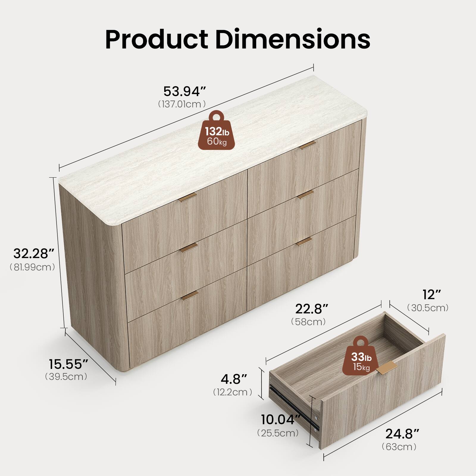 Product Dimensions

- 53.94" (137.01cm) 
- 132lb (60kg)
- 32.28" (81.99cm)
- 22.8" (58cm)
- 12" (30.5cm)
- 15.55" (39.5cm)
- 4.8" (12.2cm)
- 33lb (15kg)
- 10.04" (25.5cm)
- 24.8" (63cm)