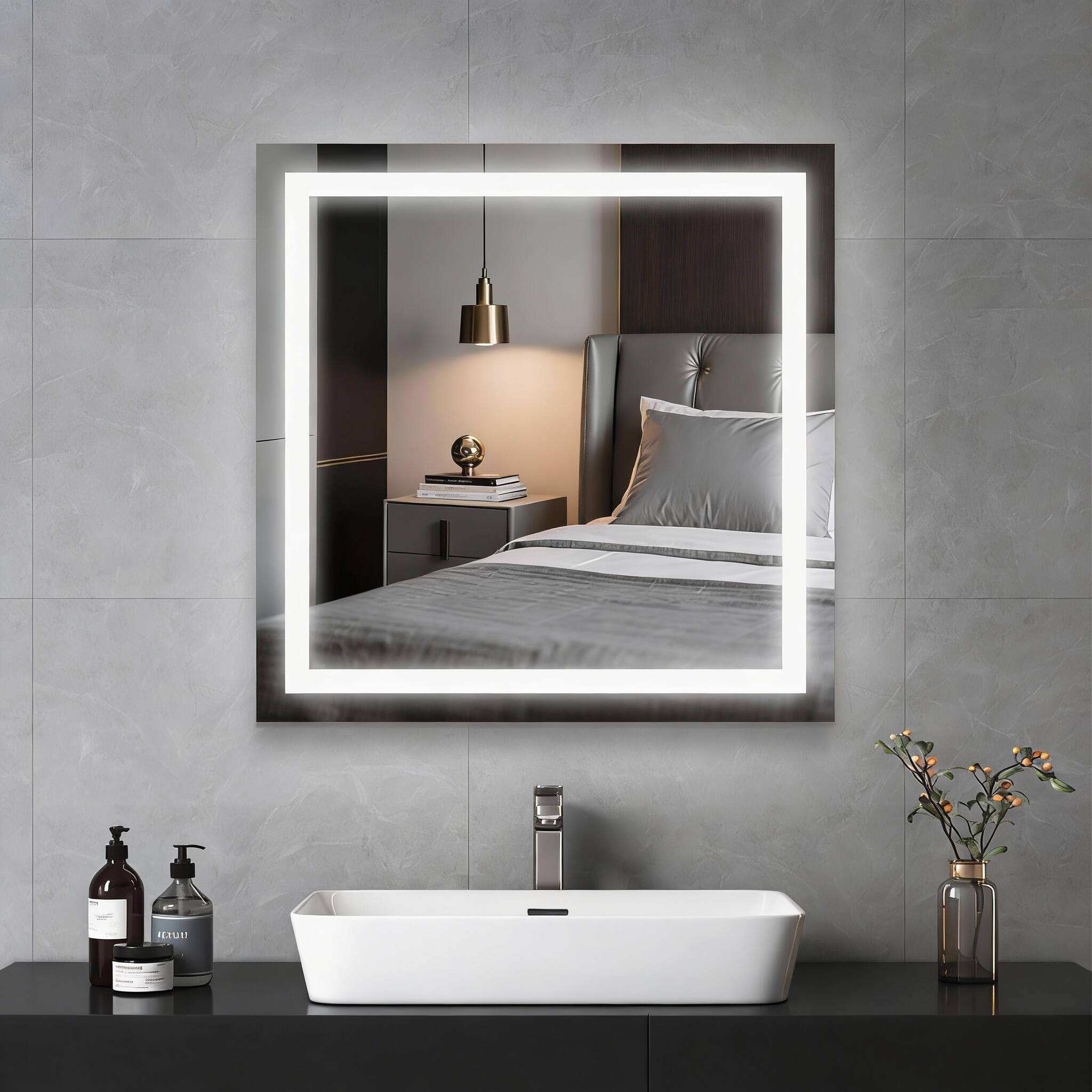 Front. OMOMMD - Led Lighted Bathroom Mirror With Anti fog Square Wall Mounted Vanity Smart Touch Button Memory Function Adj - 24"L x 24.1"W.