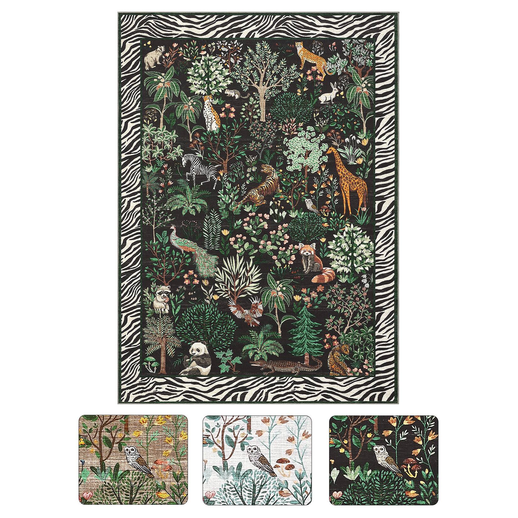 Front. Jojoka - Modern Pastoral Area Rug Jungle Adventure Print Machine Washable Low Pile Non Slip Floor Rug for Beroom Bathroom - Black.