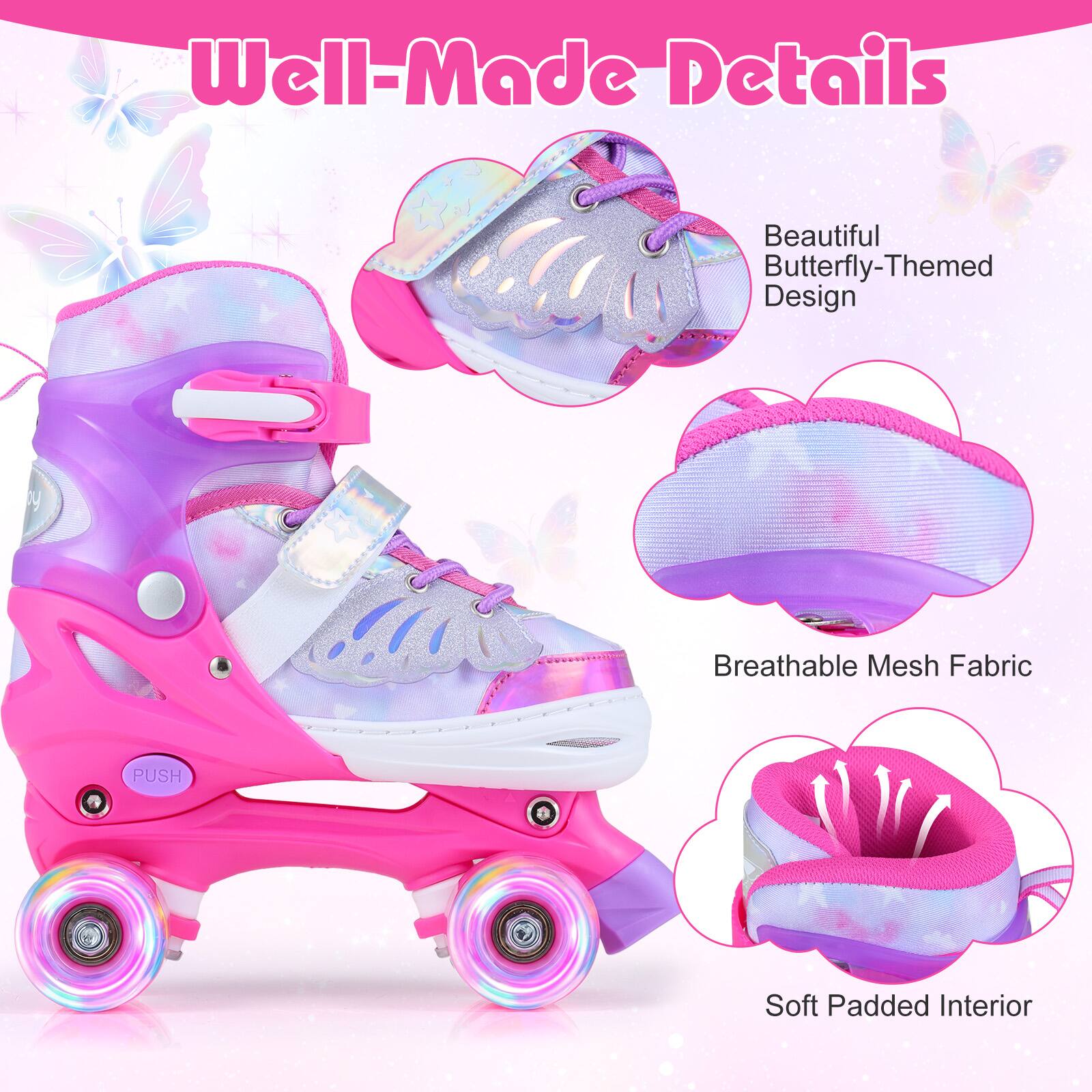 Well-Made Details

Beautiful Butterfly-Themed Design

Breathable Mesh Fabric

Soft Padded Interior