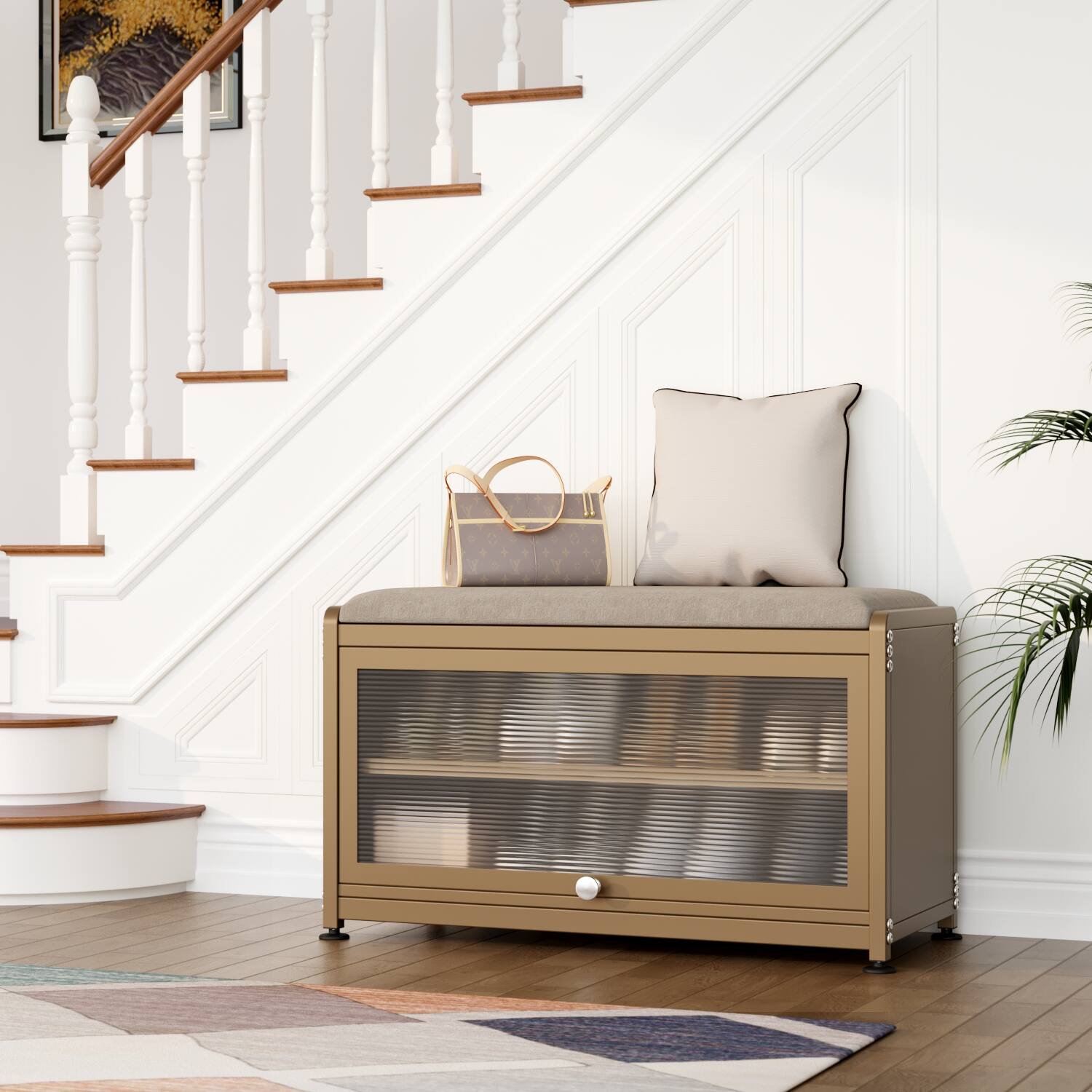 Alt View 3. Malletson - 3-Tier Shoe Storage Bench, Metal Shoe Rack with Removable Seat Cushion, for Entranceways, Hallways and Bedrooms. - Yellow.