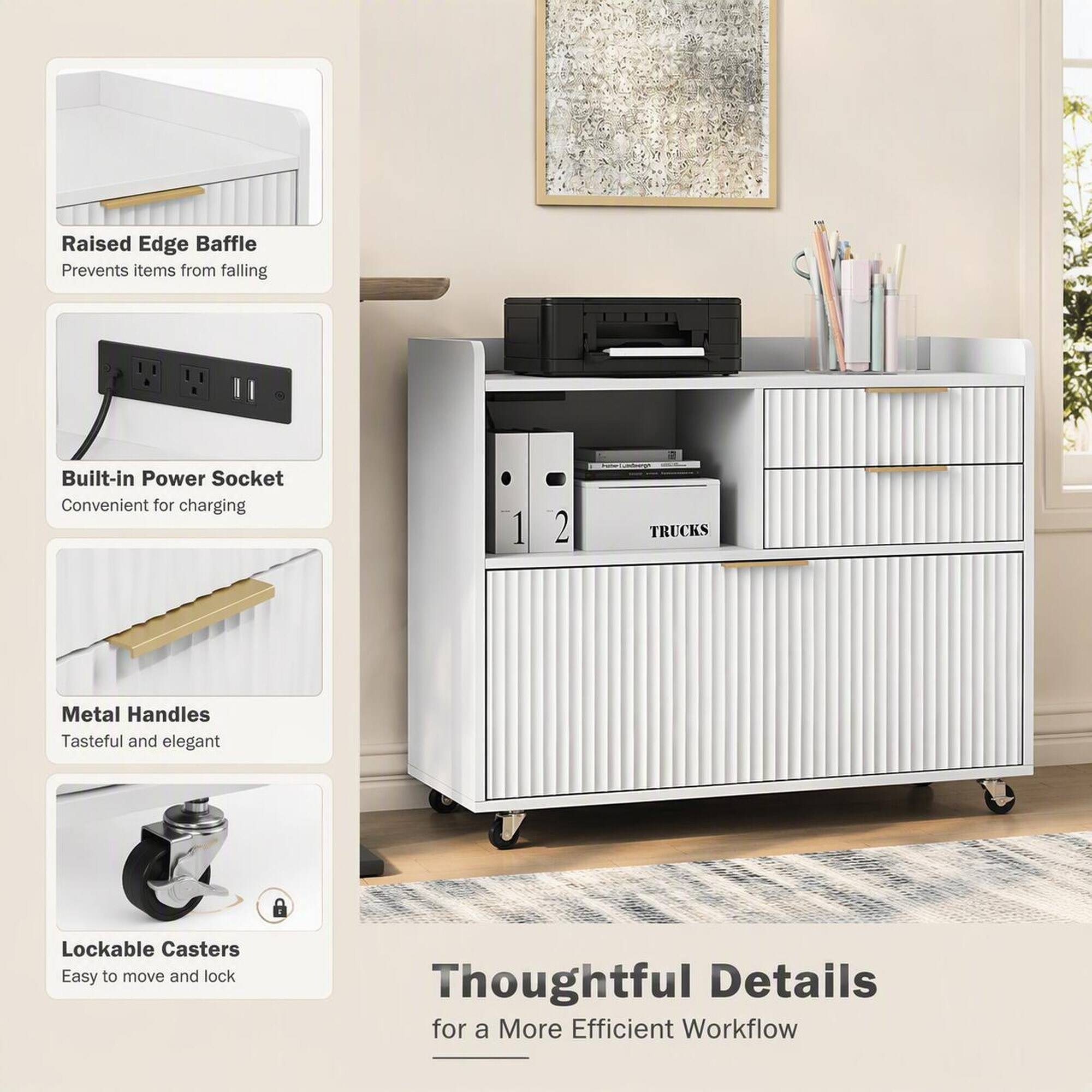 Raised Edge Baffle Prevents items from falling  
Built-in Power Socket Convenient for charging  
Metal Handles Tasteful and elegant  
Lockable Casters Easy to move and lock  
Thoughtful Details for a More Efficient Workflow