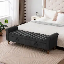 Ropilly - Modern Upholstered Storage Bench Napped Fabric Bed End Foot Stool With Rolled Armrest - Charcoal